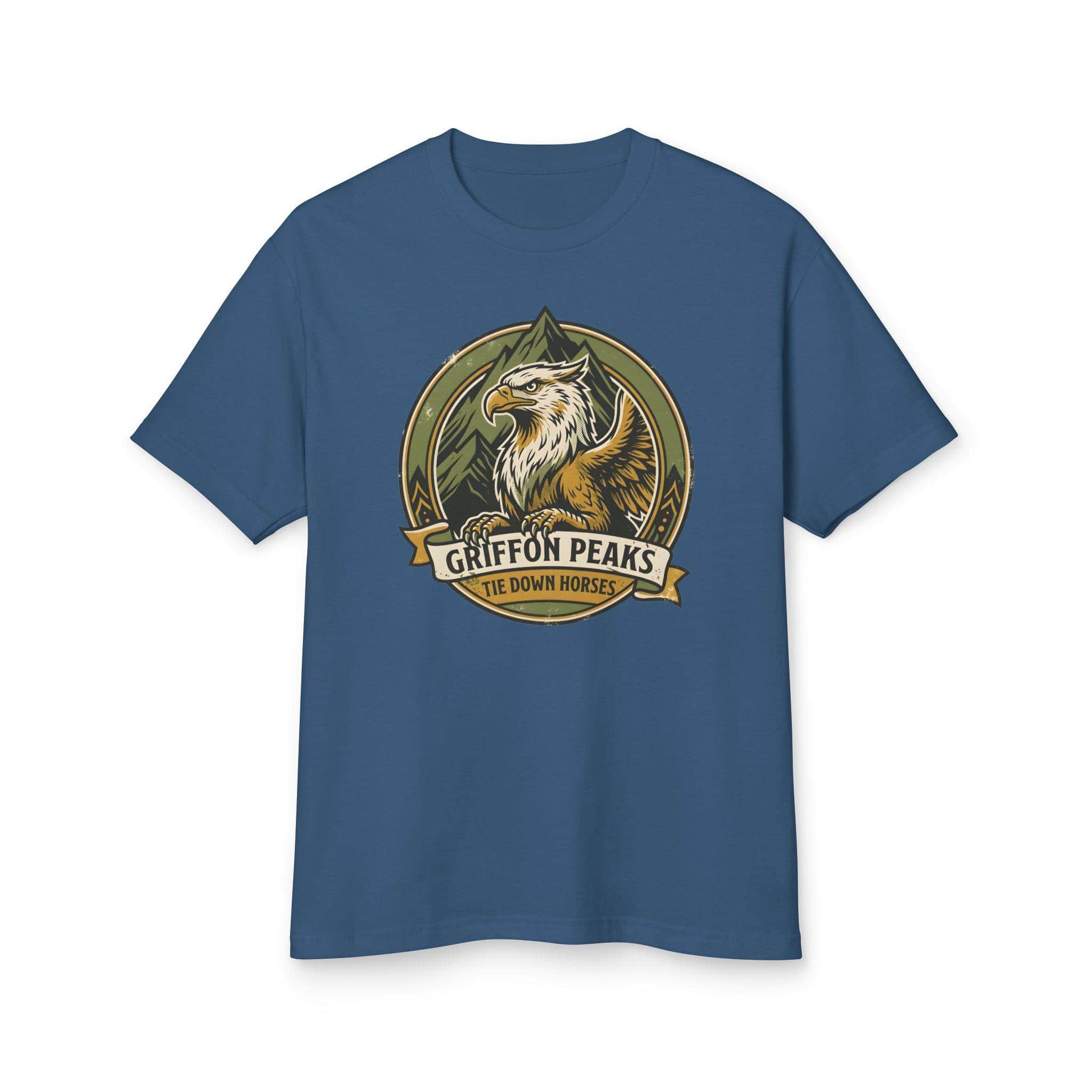 Photo 14 of 15: Vintage national park parody tee featuring a noble mountain griffon alongside a deadpan ranger warning for traveling adventurers to keep their prized mounts secured, front view