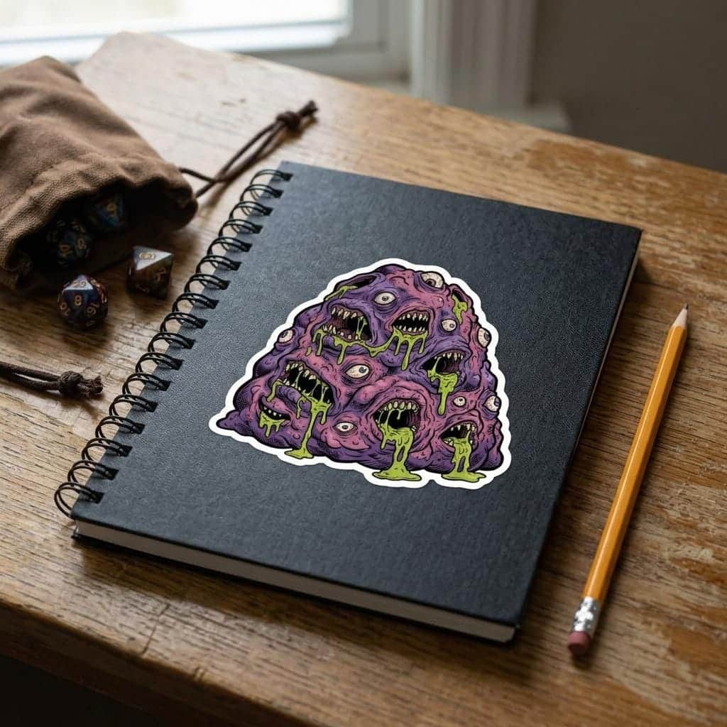 Photo 5 of 12: A grotesque aberrant monster sticker engineered for Dungeon Masters and eldritch horror enthusiasts personalizing laptops and hydro flasks, shown on a notebook