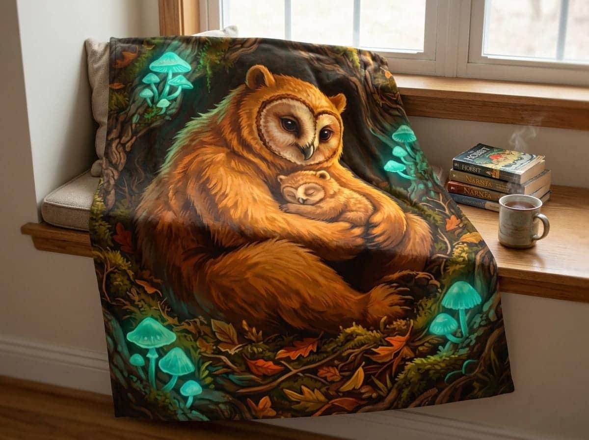 Photo 2 of 10: An ultra-soft velveteen reading blanket portraying a protective mother owlbear curled around her cub in a glowing forest hollow, shown in a reading nook