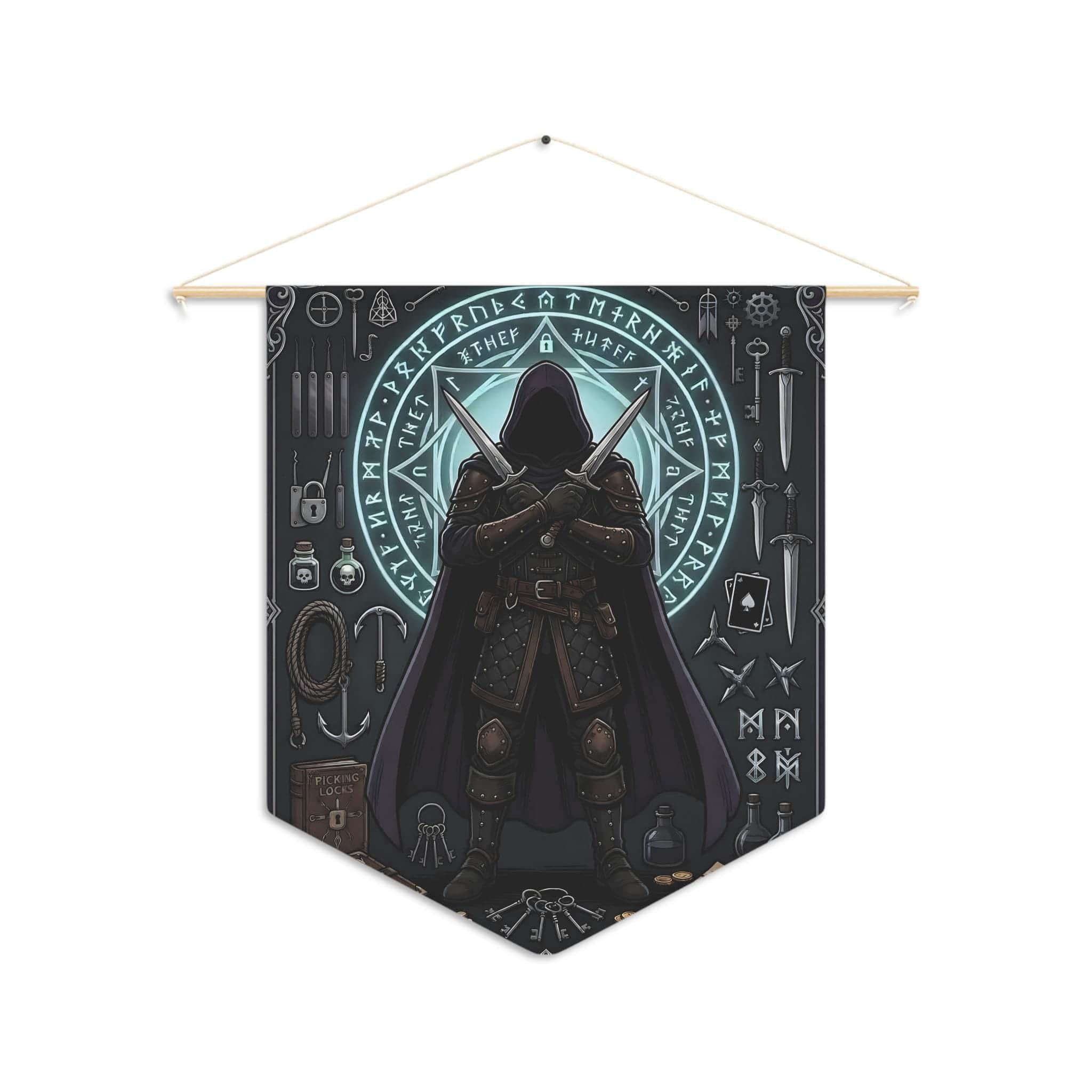 Photo 5 of 5: Cunning male human rogue illustration framed by shadowy arcane runes, twin daggers, and thieves' tools on a premium pennant, front view