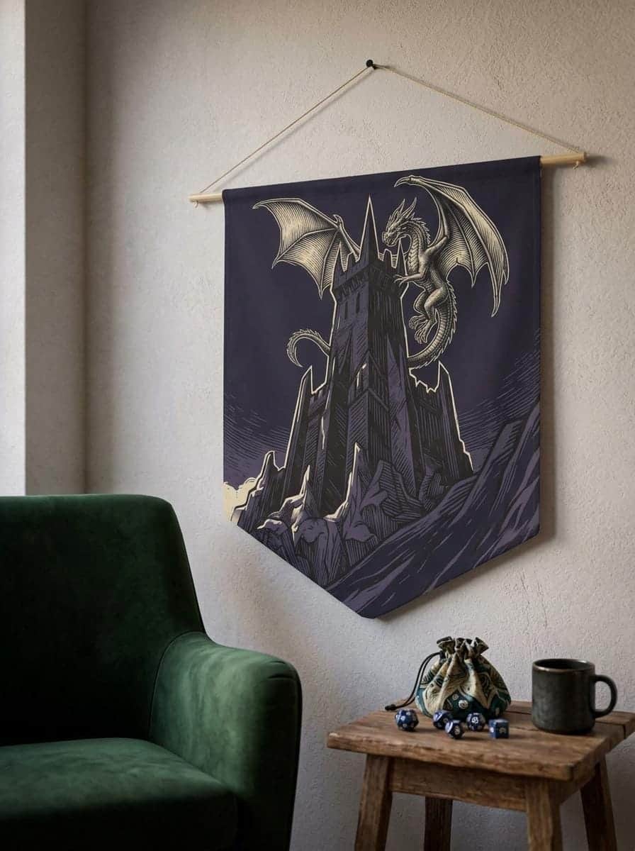 Photo 2 of 7: Triangular gothic wall banner featuring a towering obsidian fortress framed by celestial heraldry, shown in a cosy den corner