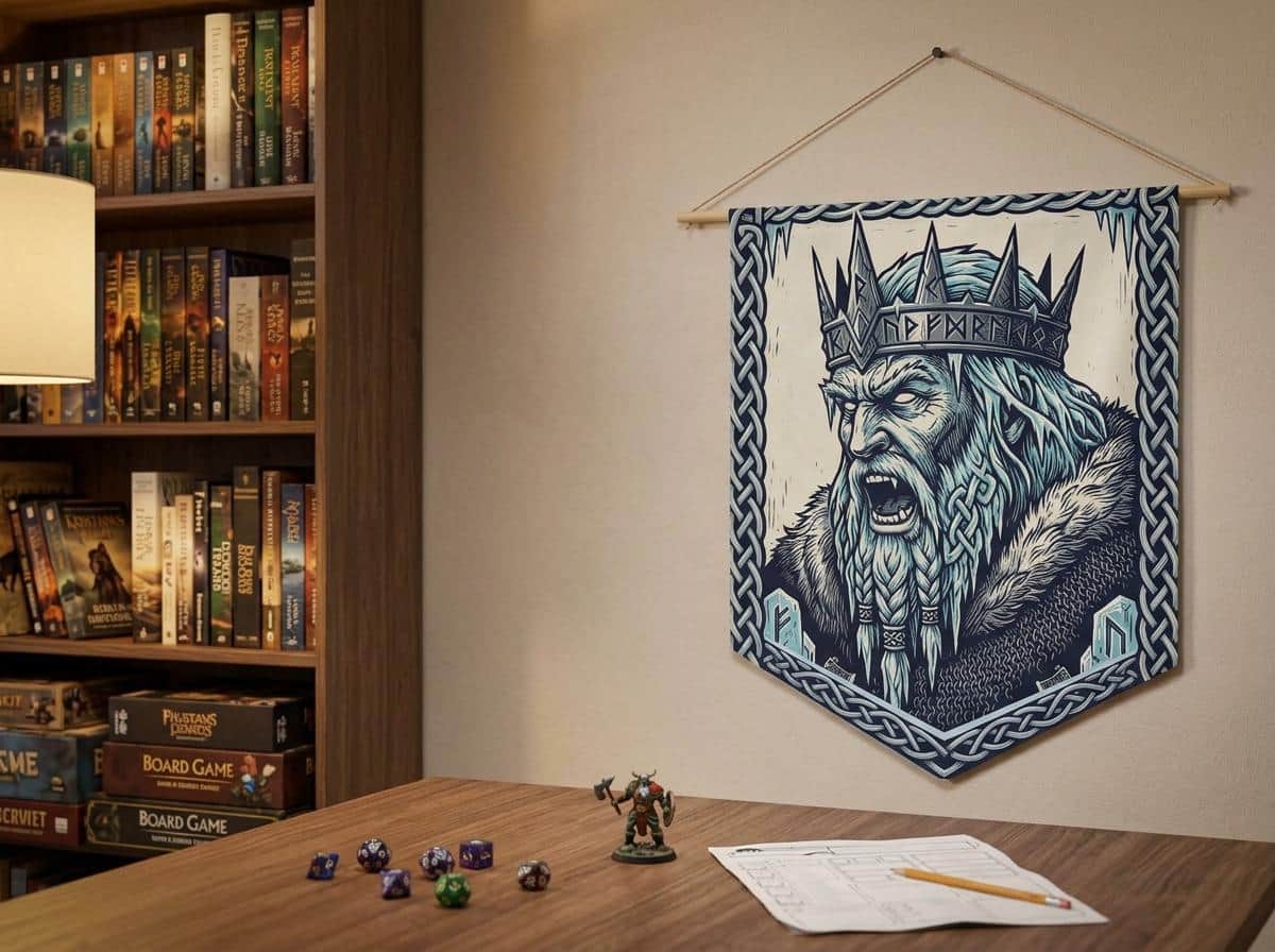 Photo 2 of 6: An authentic medieval heraldic banner featuring a fierce Frost Giant Jarl, shown on a game room wall