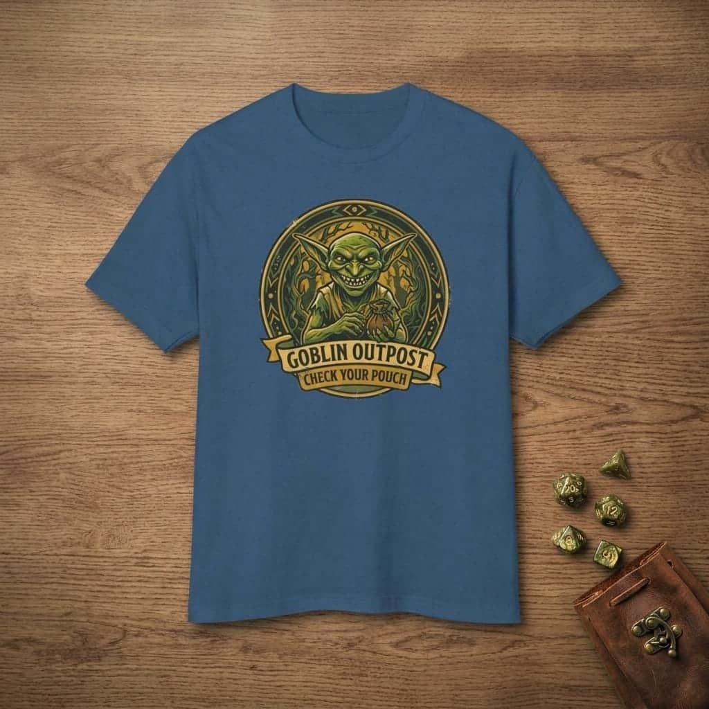 Photo 7 of 14: Deadpan national park style graphic tee warning tabletop adventurers to guard their coin pouches from grinning goblin scavengers, shown laid flat among dice