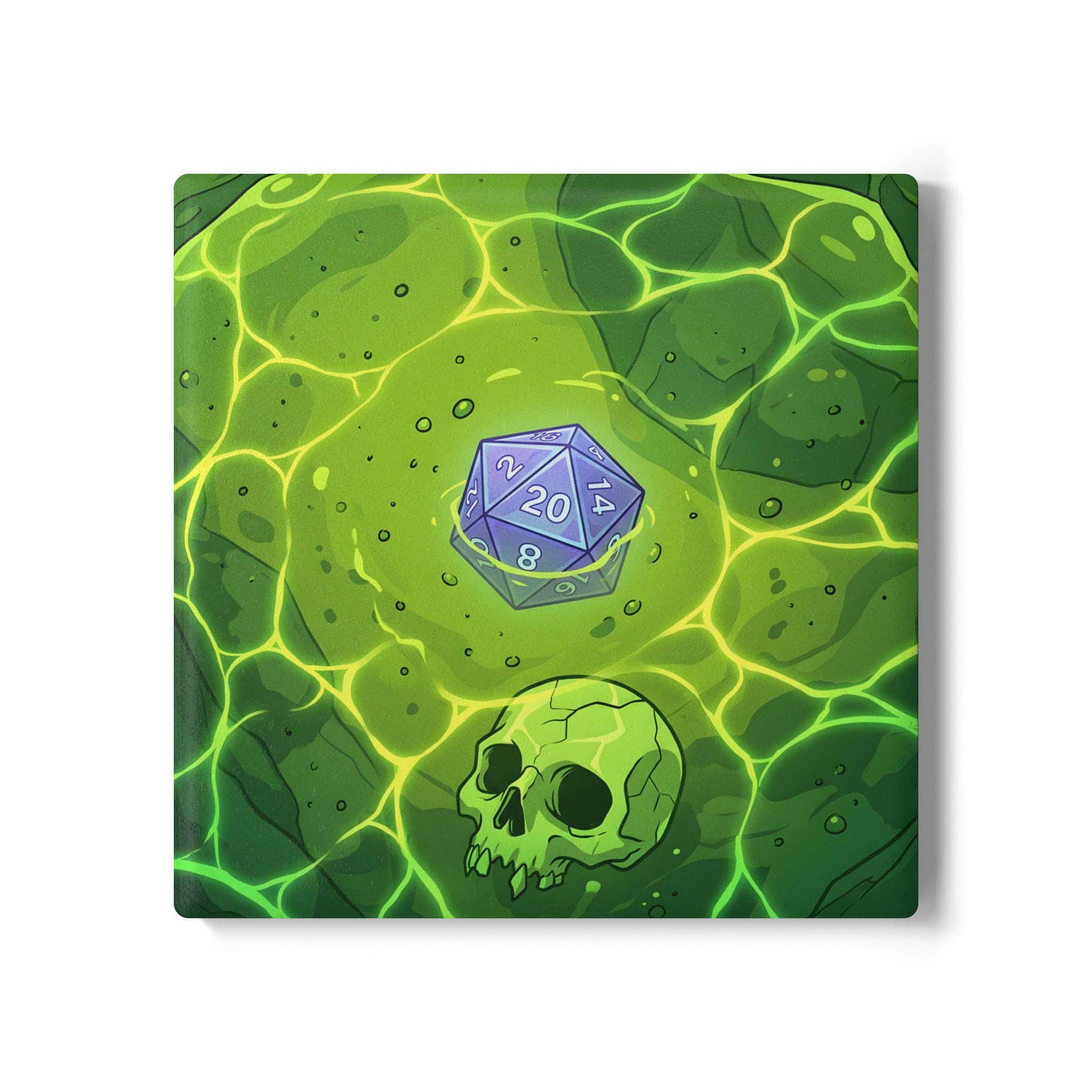 Photo 7 of 11: A square high-gloss drink coaster designed to look like a direct top-down view into a translucent acidic gelatinous cube trapping sunken dice and adventurer bones, serving as a witty spill hazard for campaign nights, front view