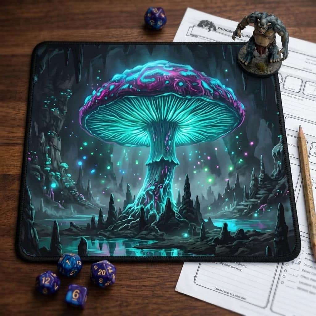 Photo 3 of 6: An extra-large gaming desk mat featuring an immersive Underdark glowing mushroom cavern, transforming PC battlestations and tabletop sessions with dark fantasy ambient atmosphere, shown on the game table among dice and character