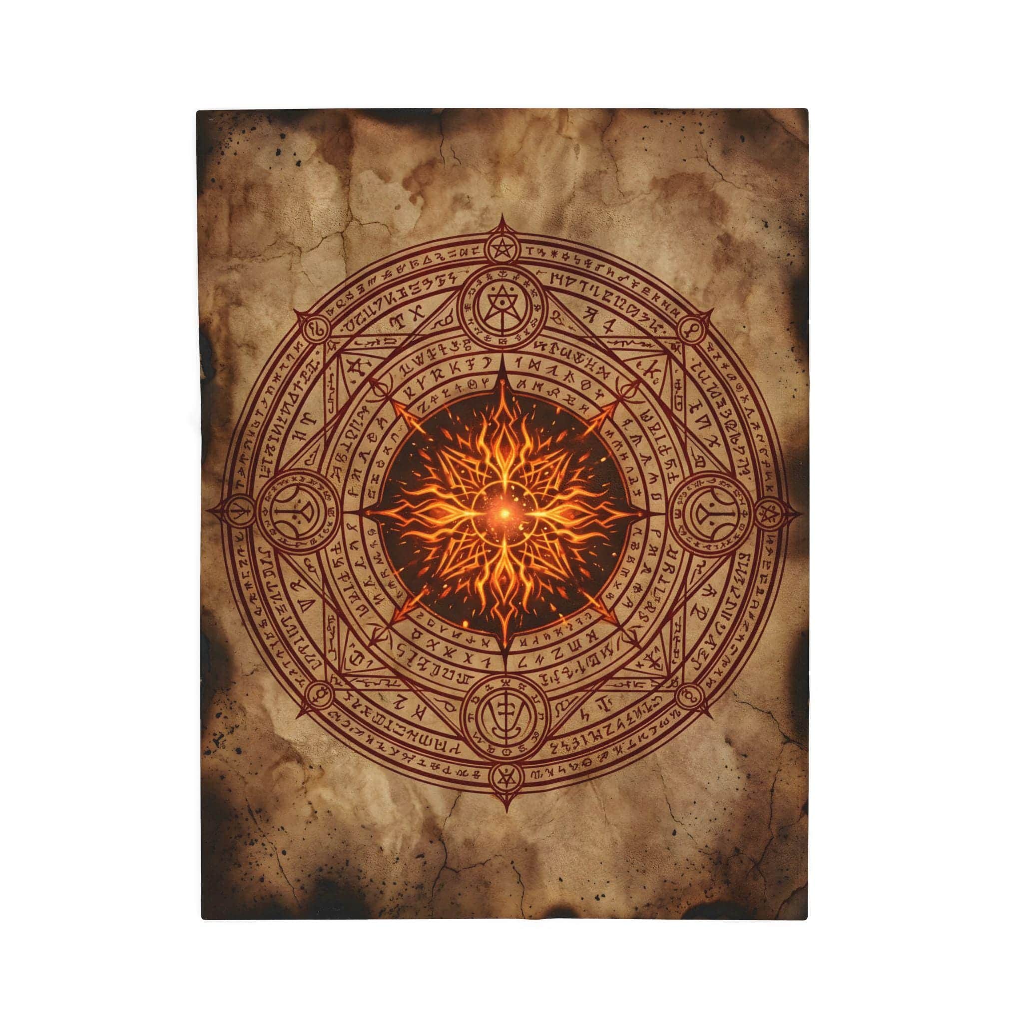 Photo 5 of 5: An oversized cozy fleece throw illustrated edge-to-edge as an ancient, singed arcane scroll casting 8d6 Fireball, front view