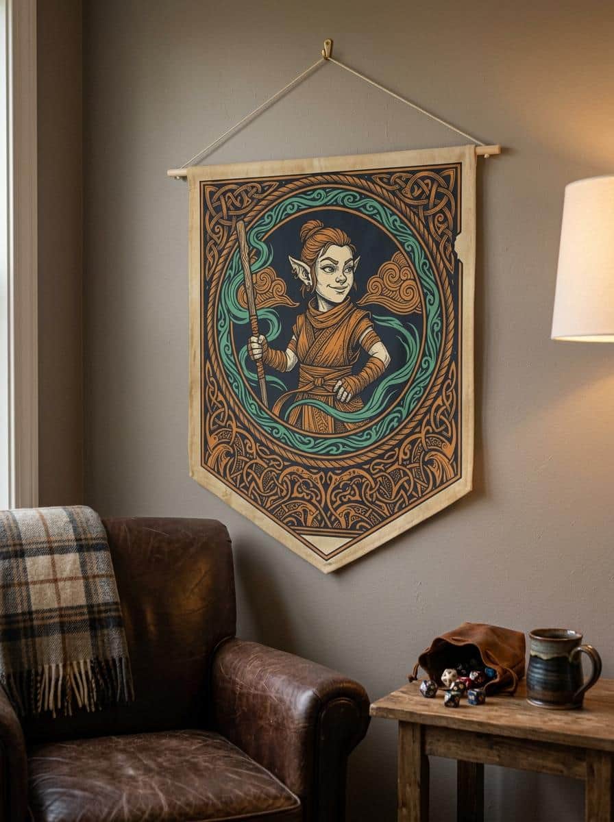 Photo 3 of 9: Vintage heraldic gnome monk pennant flag designed to elevate RPG campaign corners and gaming battle stations with authentic medieval heraldry and serene martial ki, shown in a cosy den corner