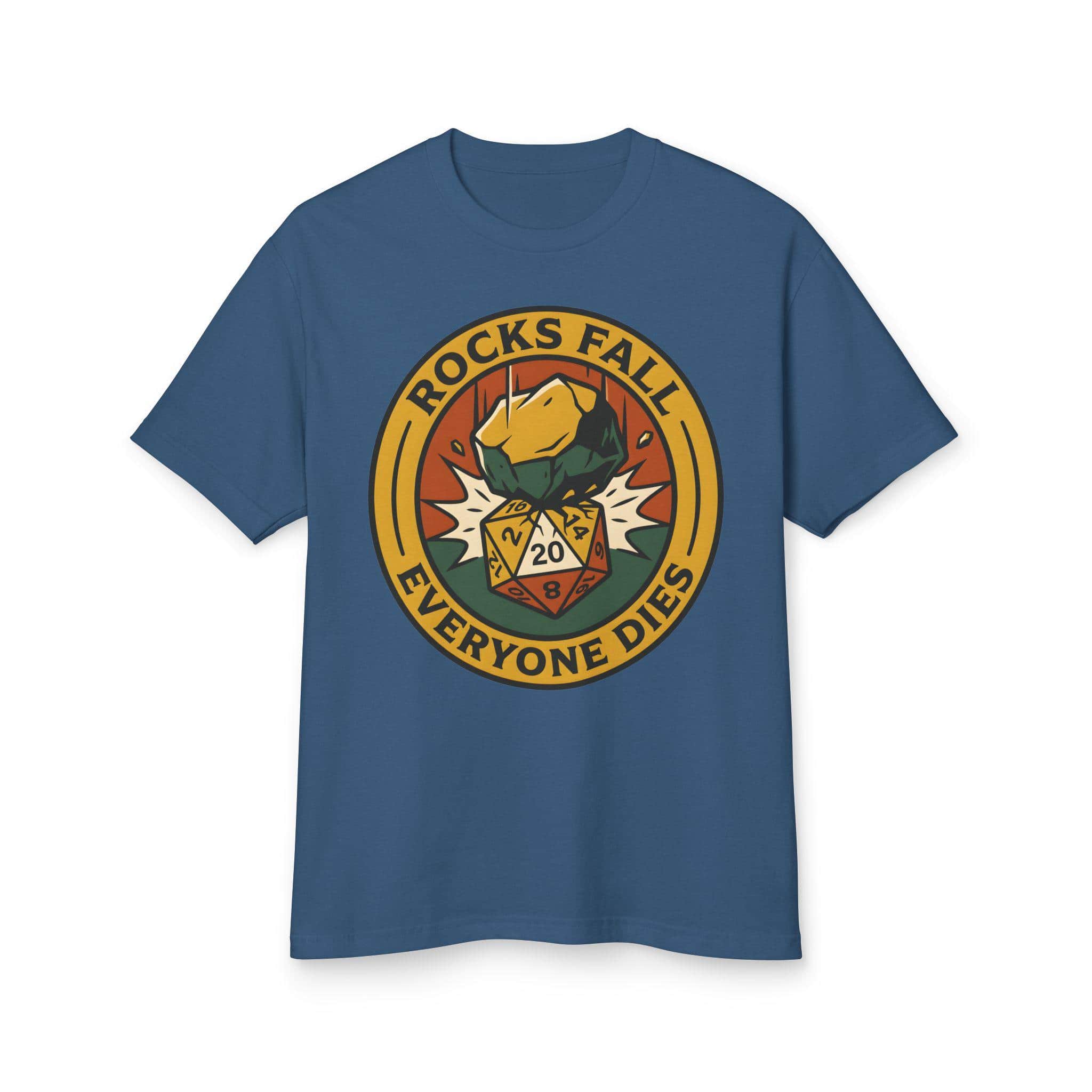 Photo 8 of 10: A deadpan tabletop in-joke graphic tee featuring a vintage national-park style emblem where a giant plummeting boulder crushes a d20 die, front view