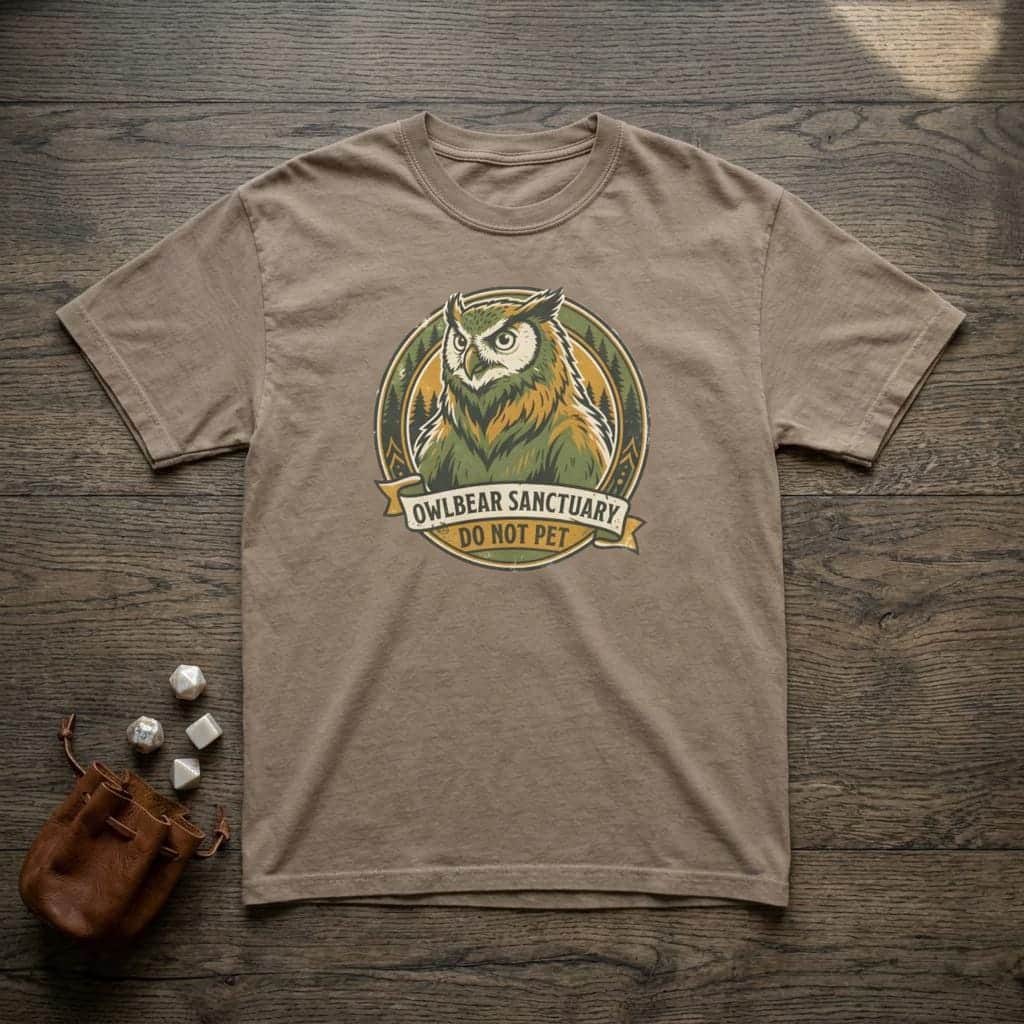 Photo 7 of 15: Vintage national park souvenir graphic tee featuring tabletop gaming's favorite deadly predator alongside a cheeky 'Do Not Pet' warning for players who insist on taming wilderness monsters, shown laid flat among dice