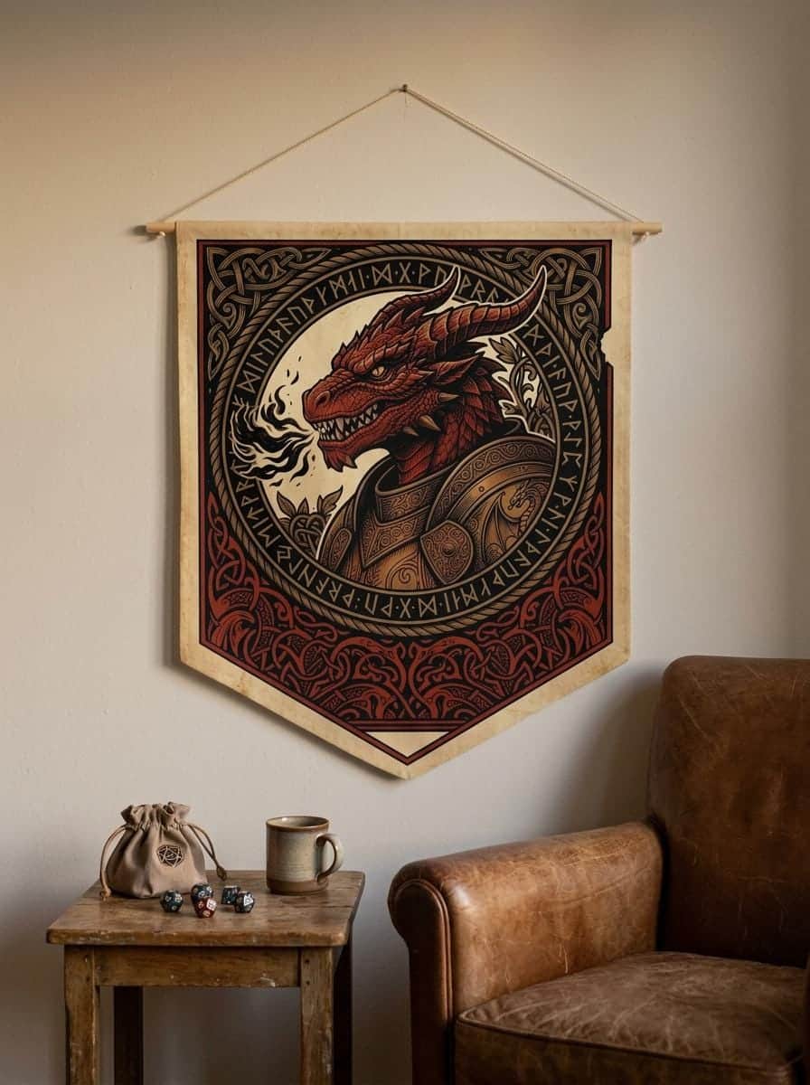 Photo 4 of 11: Vintage heraldic dragonborn warrior pennant flag designed to elevate RPG campaign corners and gaming battle stations with authentic medieval heraldry, shown in a cosy den corner