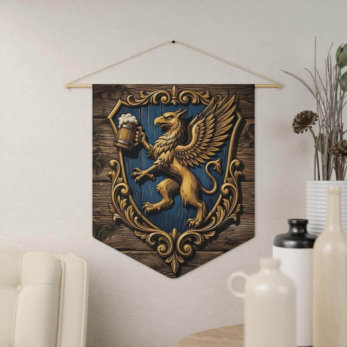 Photo 5 of 7: A vintage woodblock tavern emblem that turns a gaming room or basement into a fantasy alehouse, printed on a pennant, in a room setting
