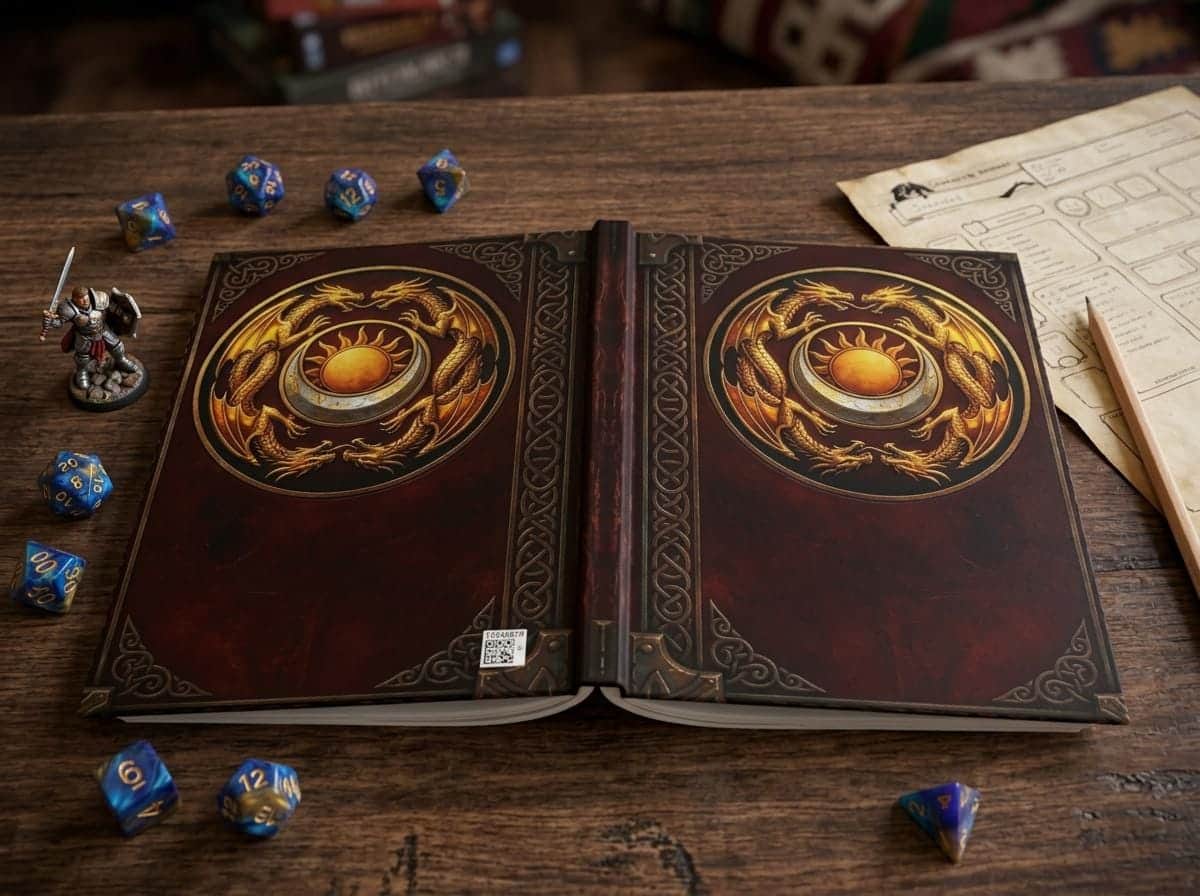 Photo 2 of 12: Hardcover ruled fantasy campaign journal designed as an ancient pact tome, shown on the game table among dice and character sheets