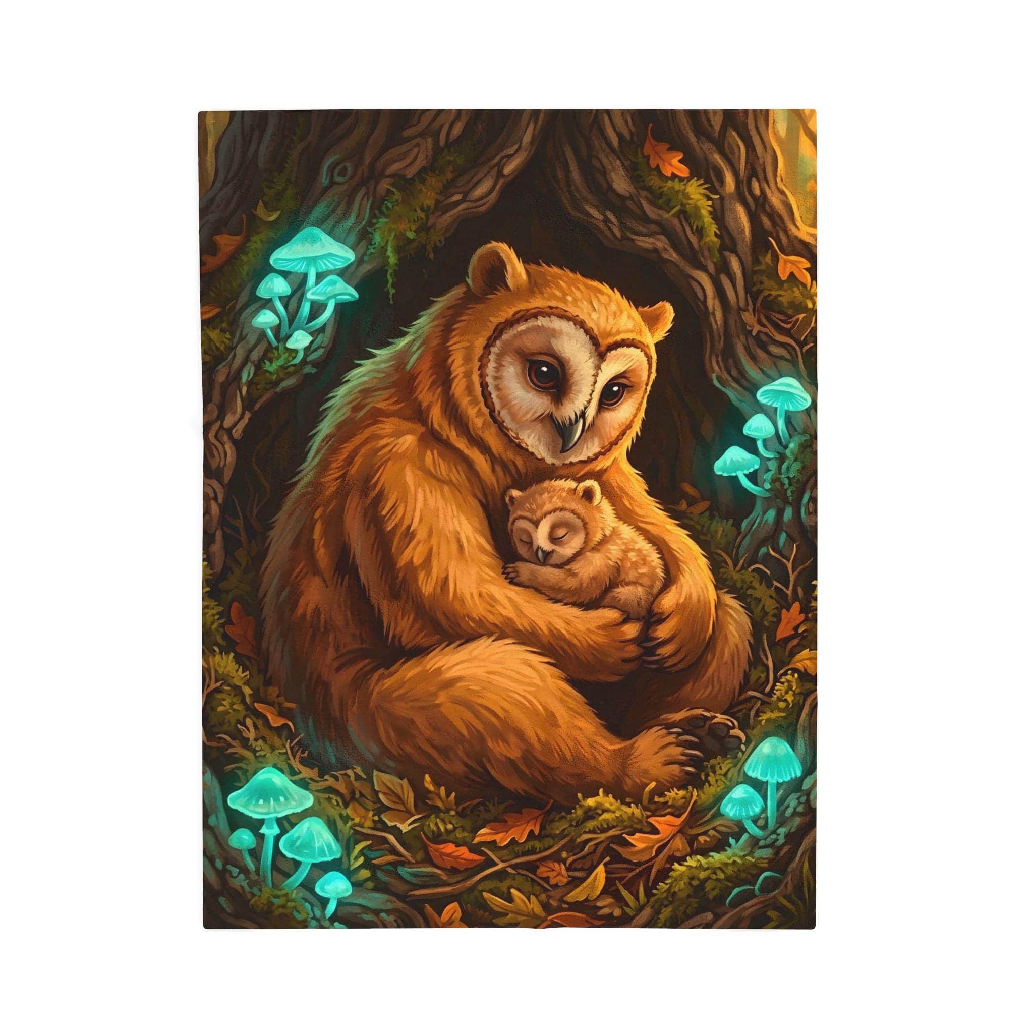 Photo 10 of 10: An ultra-soft velveteen reading blanket portraying a protective mother owlbear curled around her cub in a glowing forest hollow, front view