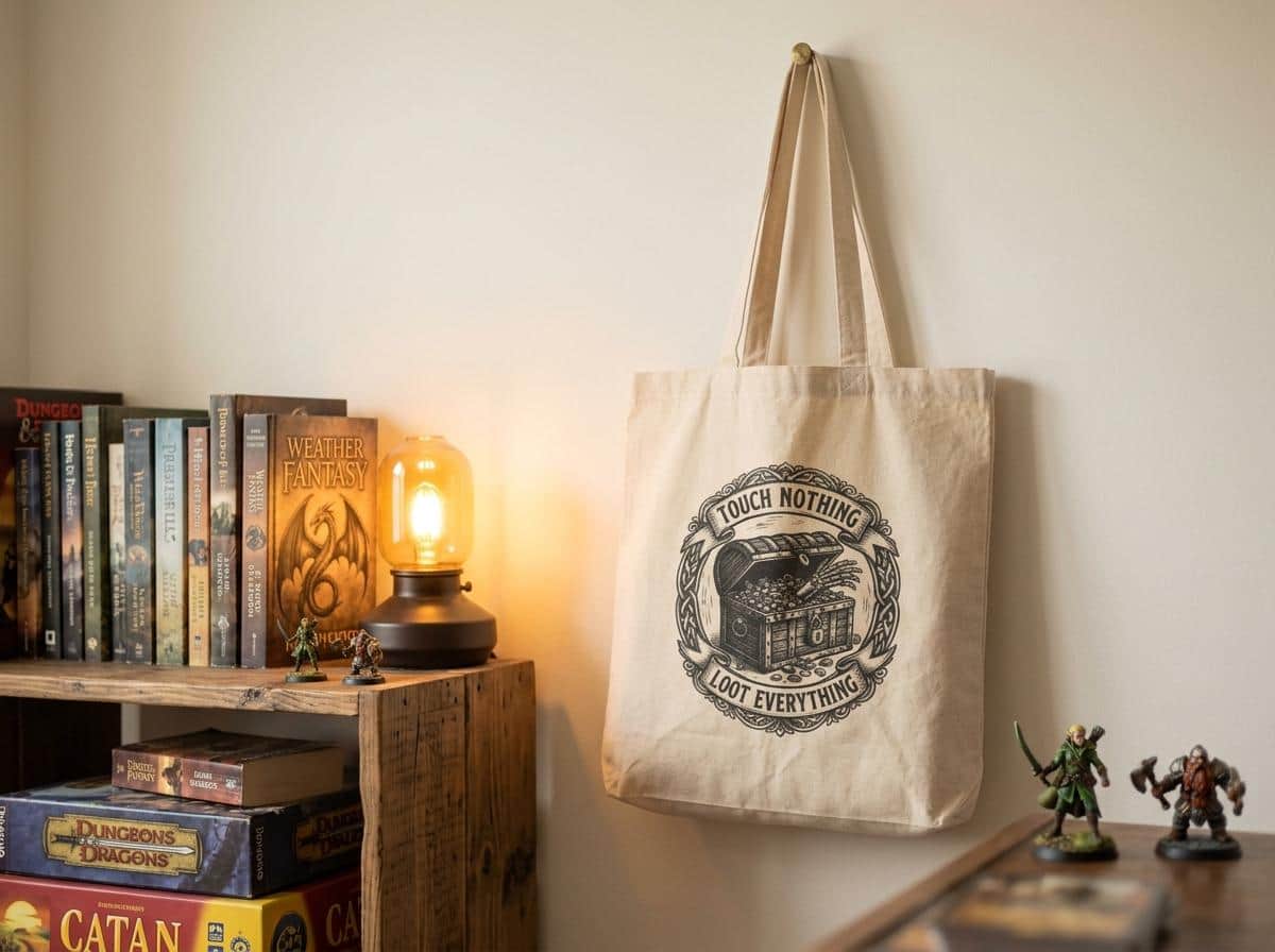 Photo 5 of 7: Sturdy canvas tote bag featuring an ironic greed warning for tabletop adventurers hauling heavy rulebooks, dice trays, and campaign binders to game night, shown on the wall above a bookshelf