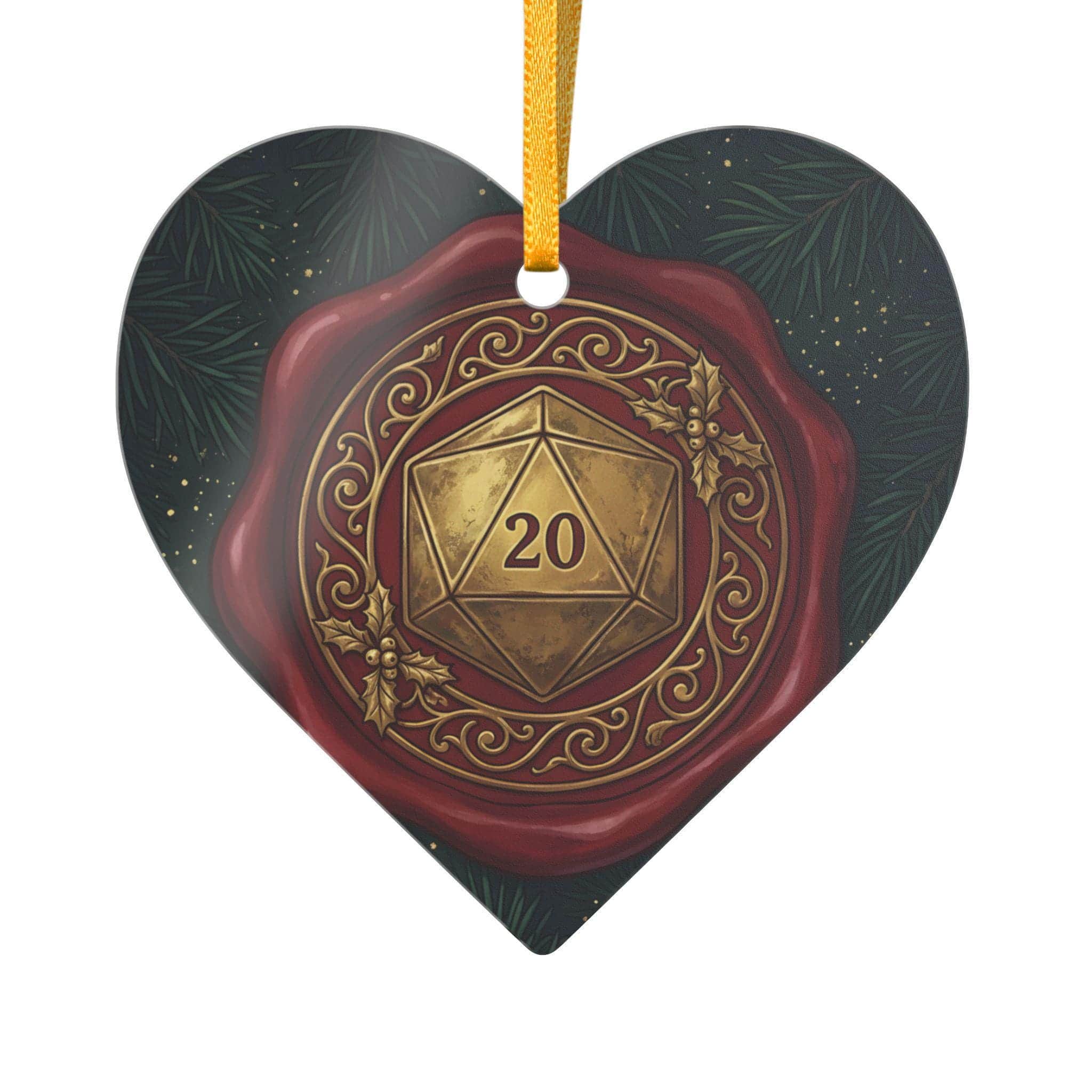 Photo 8 of 8: A round ceramic holiday ornament rendered as an ornate adventurers' guild wax seal with a gilded D20, front view