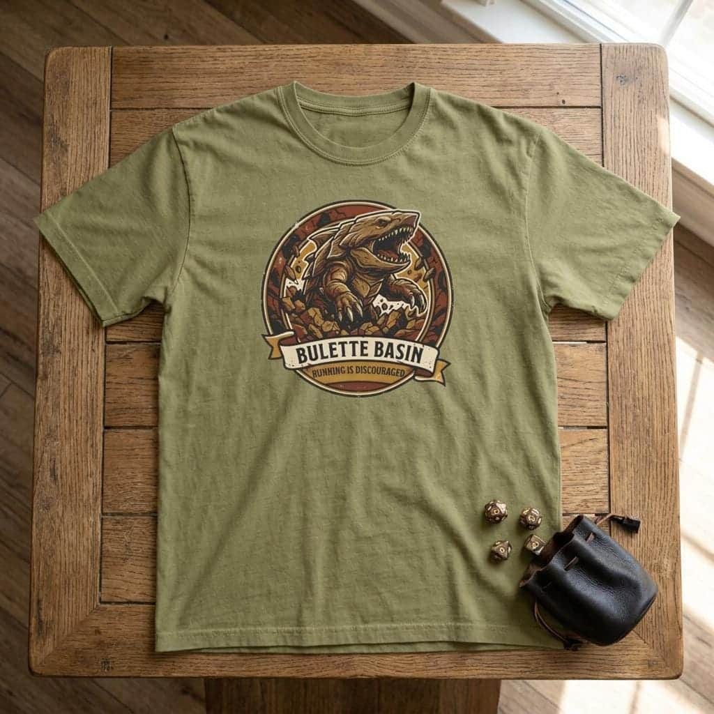Photo 5 of 15: Vintage national park souvenir graphic tee featuring tabletop gaming's armored landshark burrower, paired with deadpan trail advice warning adventurers that running only draws its tremorsense, shown laid flat among dice