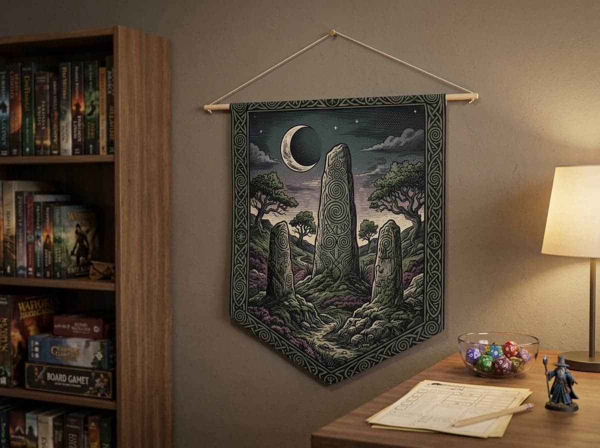 Photo 2 of 6: Vintage woodcut-style felt wall banner featuring an ancient runic monolith henge under a crescent moon, shown on a game room wall