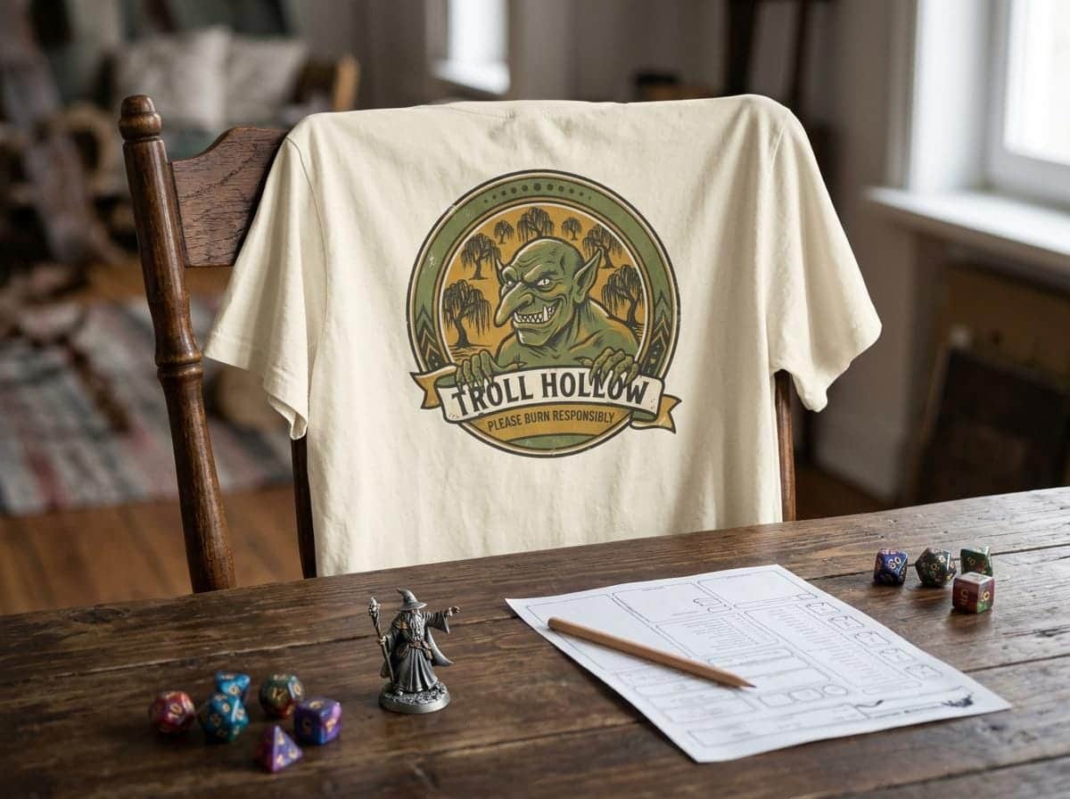 Photo 9 of 15: Vintage national park parody tee featuring a gangly swamp troll alongside a deadpan 'Please Burn Responsibly' fire warning for tabletop adventurers exploring monster-infested wetlands, shown draped over a chair