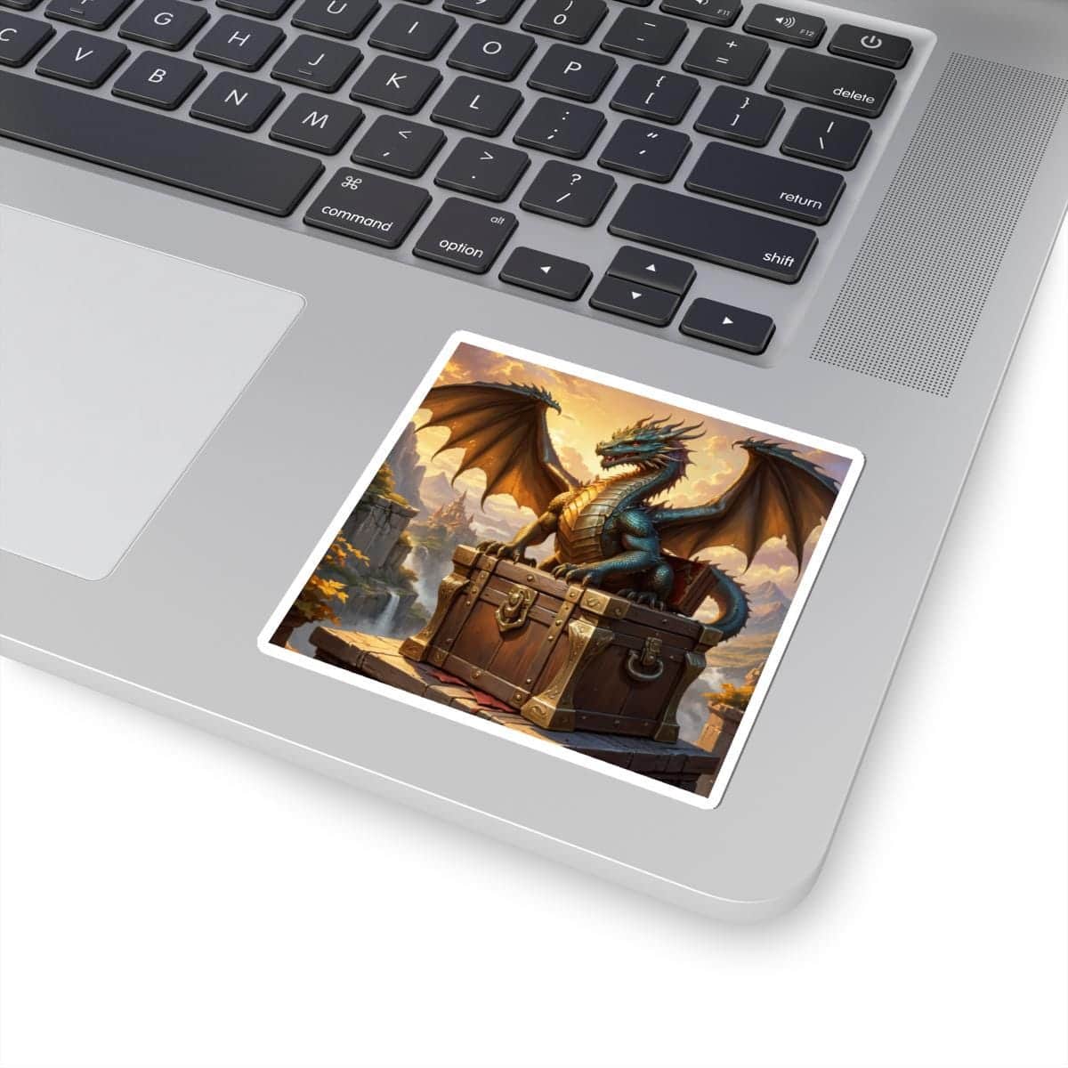 Photo 4 of 4: Epic fantasy sticker features a dragon perched atop a treasure chest, overlooking a castle and mountainous landscape with a waterfall