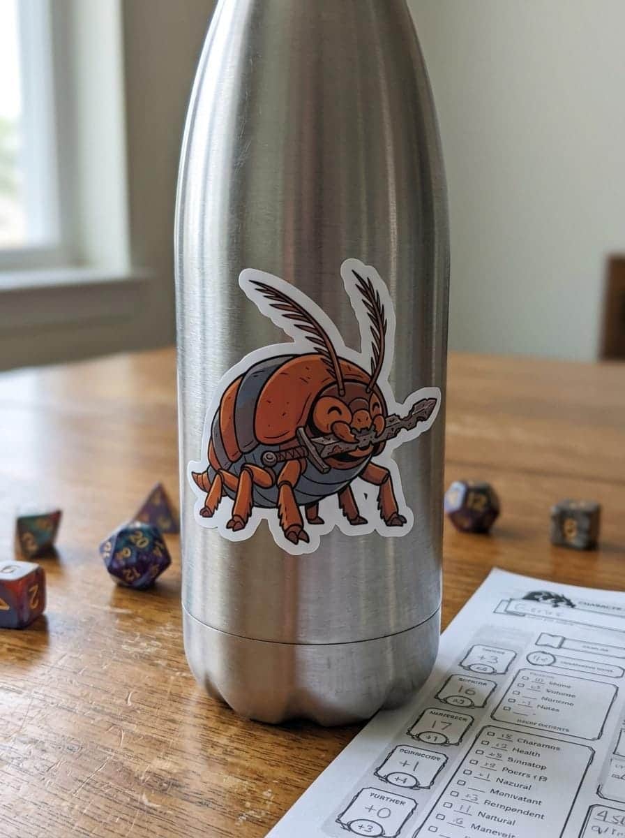 Photo 3 of 5: An inside-joke badge sticker depicting tabletop gaming's most feared blade-eating pest, shown on a water bottle