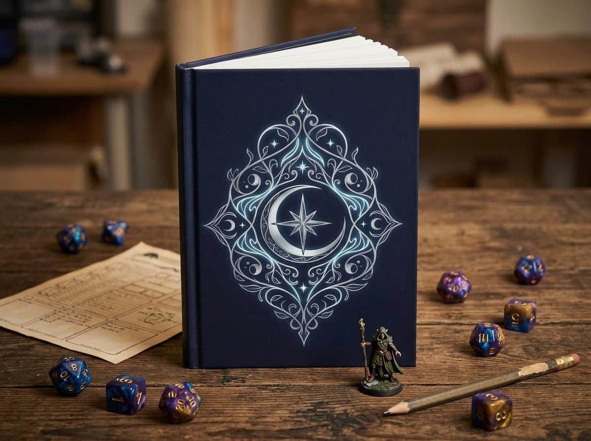 Photo 3 of 12: Hardcover campaign notebook designed as an in-world ancient elven tome cover, shown on the game table among dice and character sheets