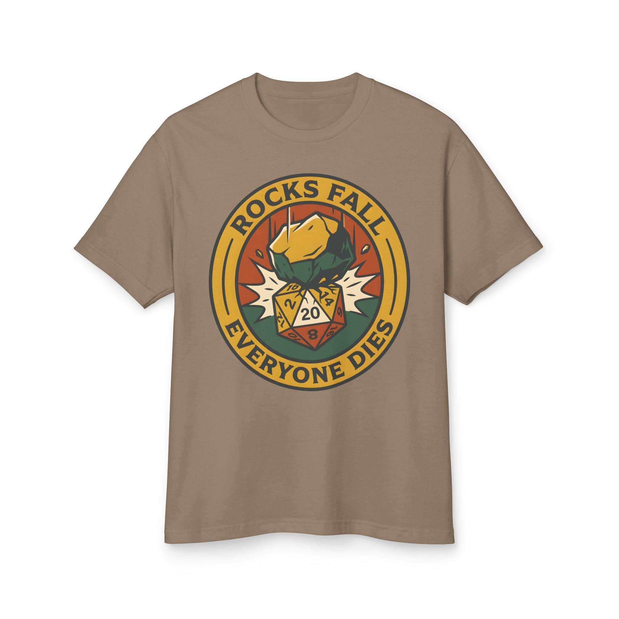 Photo 6 of 10: A deadpan tabletop in-joke graphic tee featuring a vintage national-park style emblem where a giant plummeting boulder crushes a d20 die, front view
