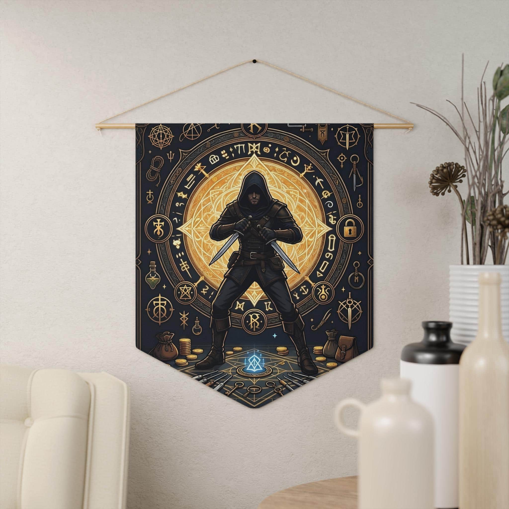 Photo 5 of 6: Cunning male human rogue illustration framed by shadowy arcane runes, twin daggers, and thieves' tools on a premium pennant, in a room setting