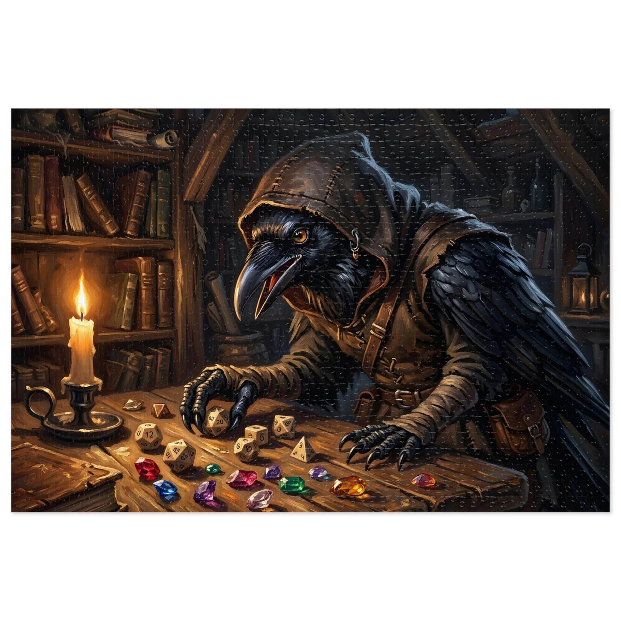 Photo 6 of 10: A richly rendered fantasy jigsaw puzzle showcasing an inquisitive raven-folk rogue sorting through a glittering hoard of polyhedral dice and stolen gems, front view