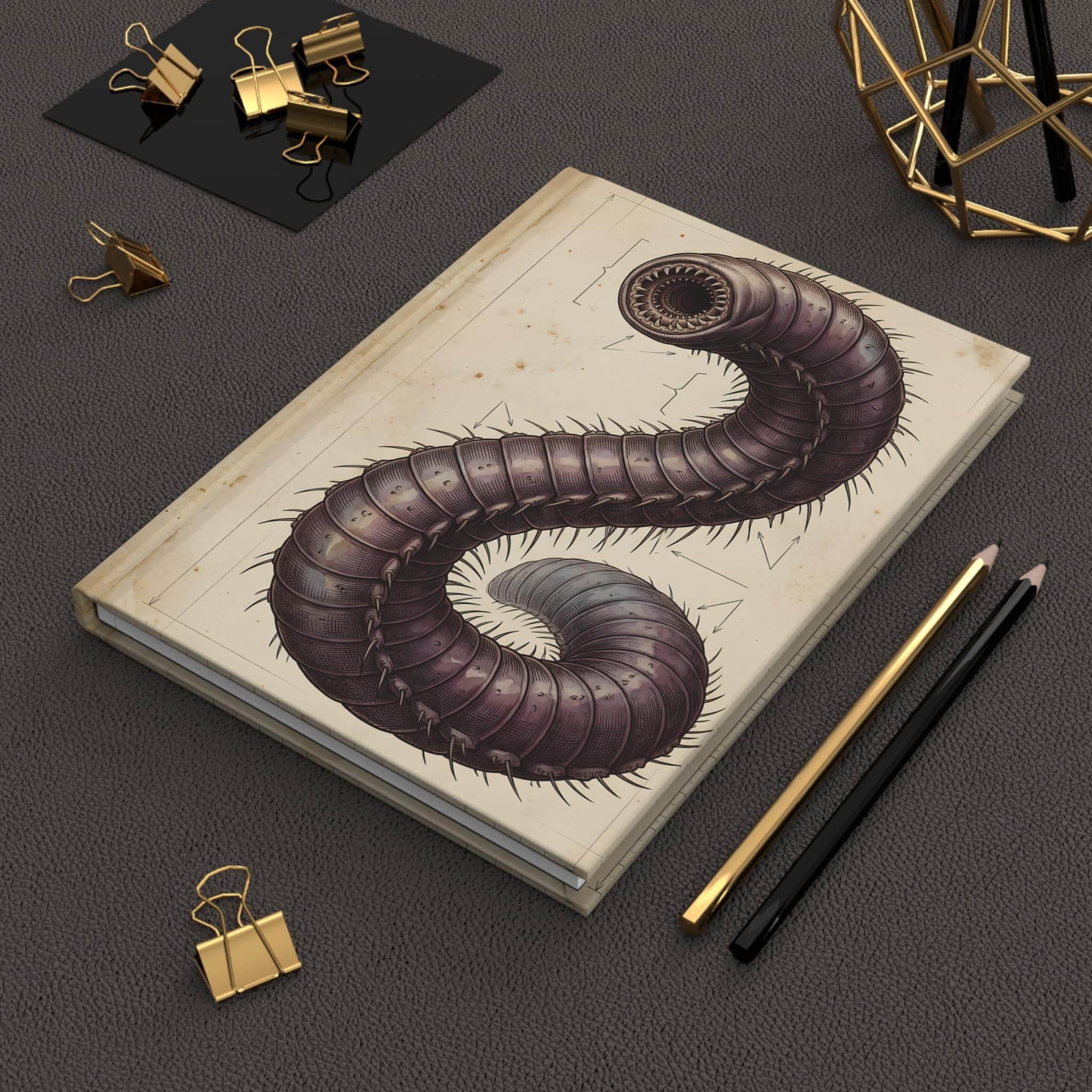 Photo 2 of 6: An in-world Underdark naturalist journal cover depicting an authentic specimen study of the gargantuan Purple Worm, in a room setting