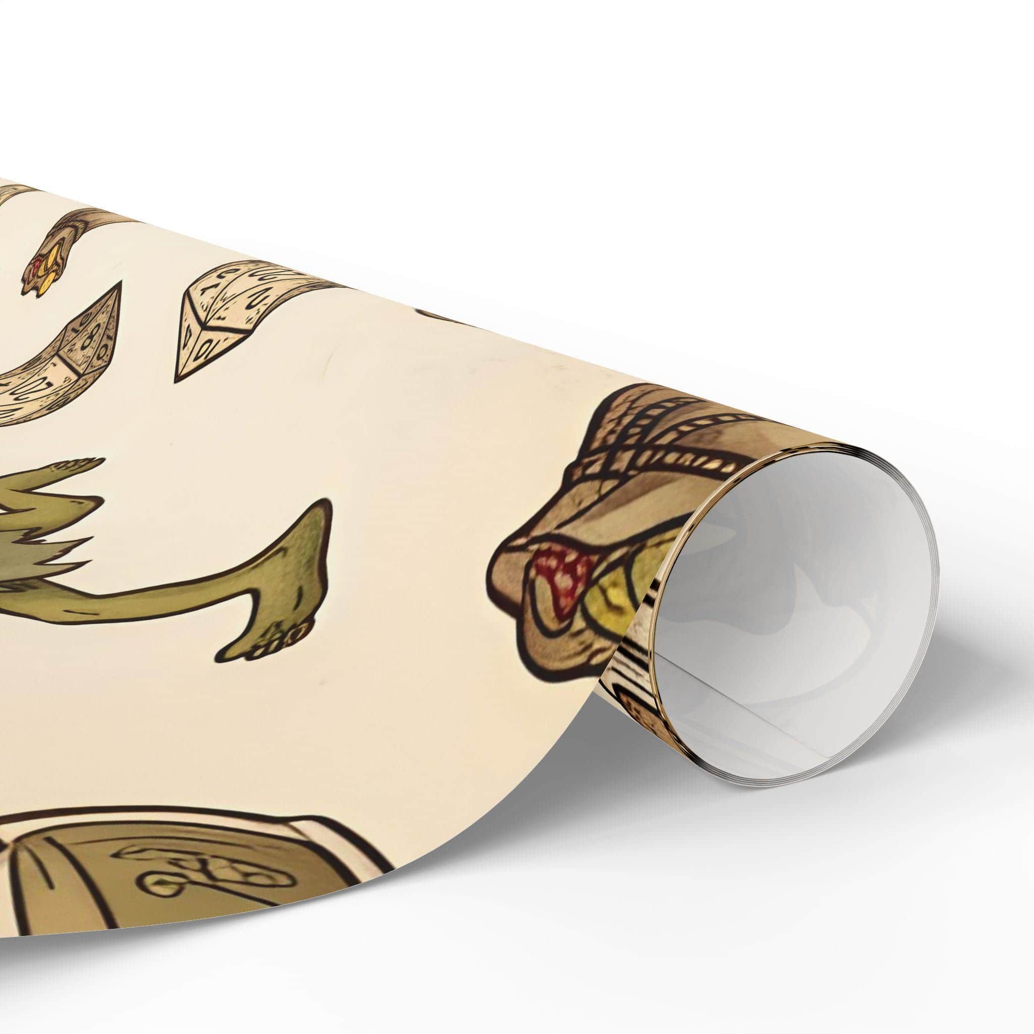 Photo 6 of 9: Delight your tabletop party with a seamless storybook pattern of mischievous loot-stealing goblins making off with polyhedral dice and shiny treasure, printed on wrapping paper, rolled