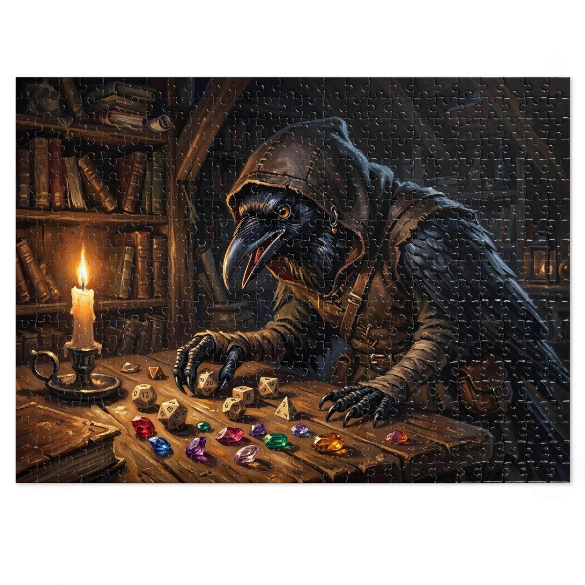 Photo 4 of 10: A richly rendered fantasy jigsaw puzzle showcasing an inquisitive raven-folk rogue sorting through a glittering hoard of polyhedral dice and stolen gems, front view