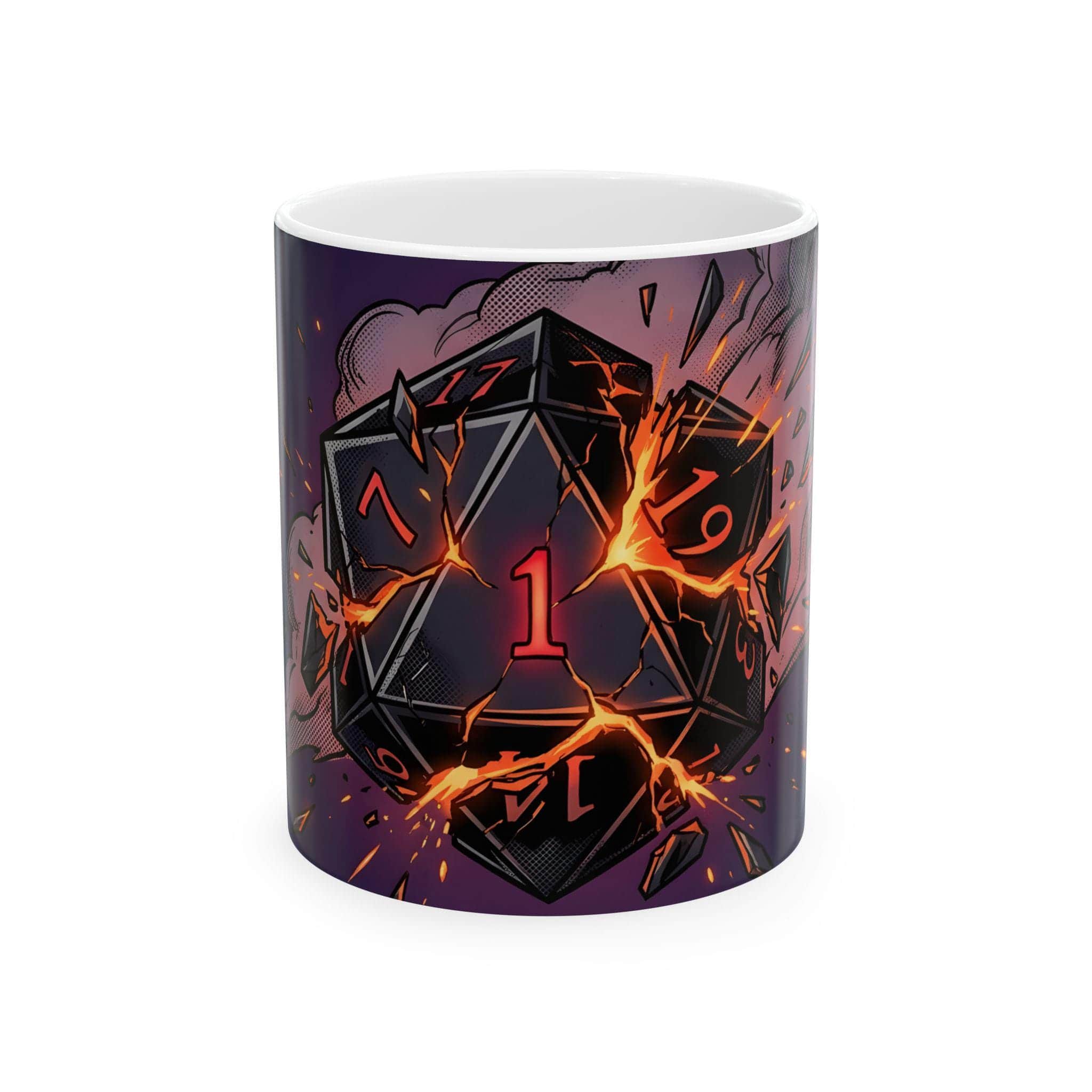 Photo 2 of 4: Relatable gamer coffee mug showcasing a catastrophic Natural 1 d20 roll, front view