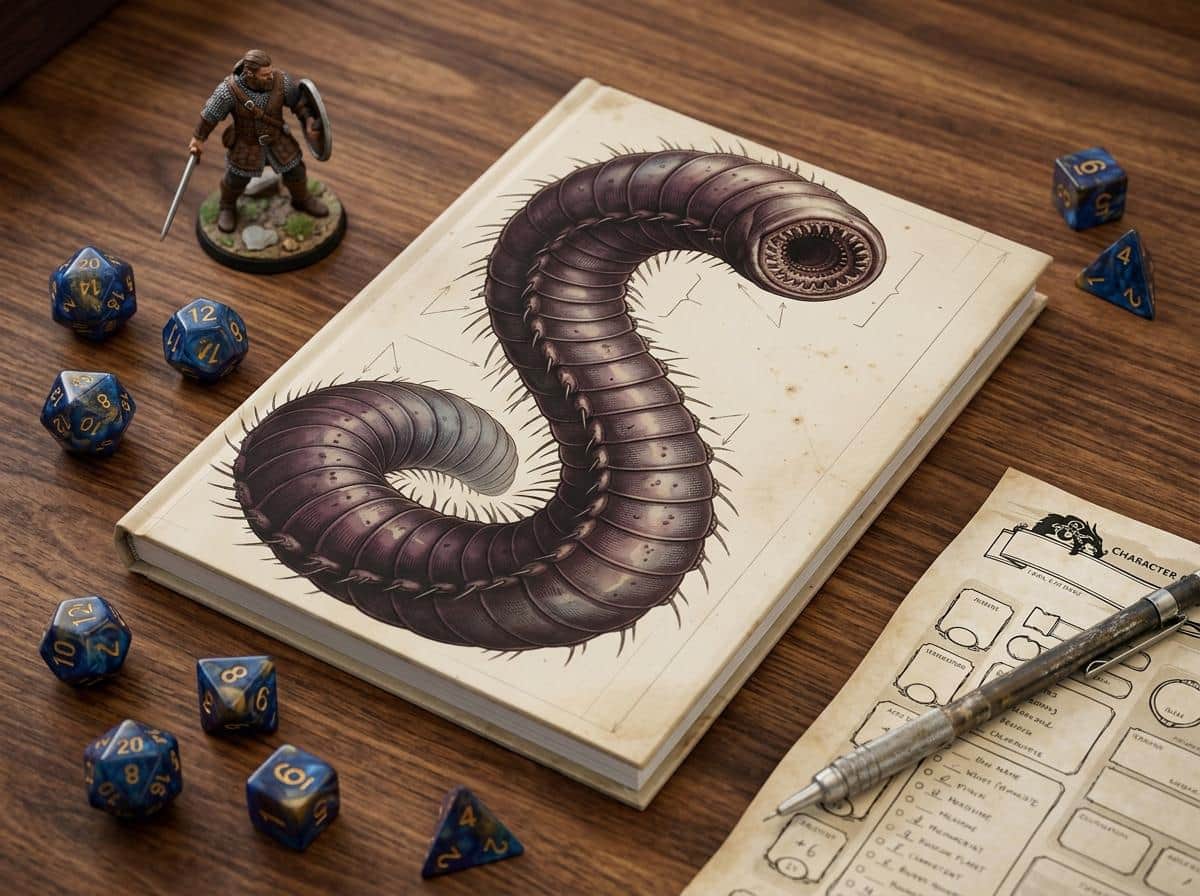 Photo 1 of 6: An in-world Underdark naturalist journal cover depicting an authentic specimen study of the gargantuan Purple Worm, shown on the game table among dice and character sheets
