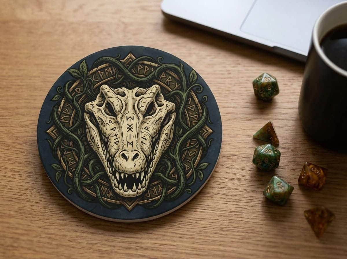 Photo 5 of 7: Protect tabletop surfaces during intense gaming sessions with drink coasters rendered as an ancient carved reptile-bone shaman relic, shown on a desk