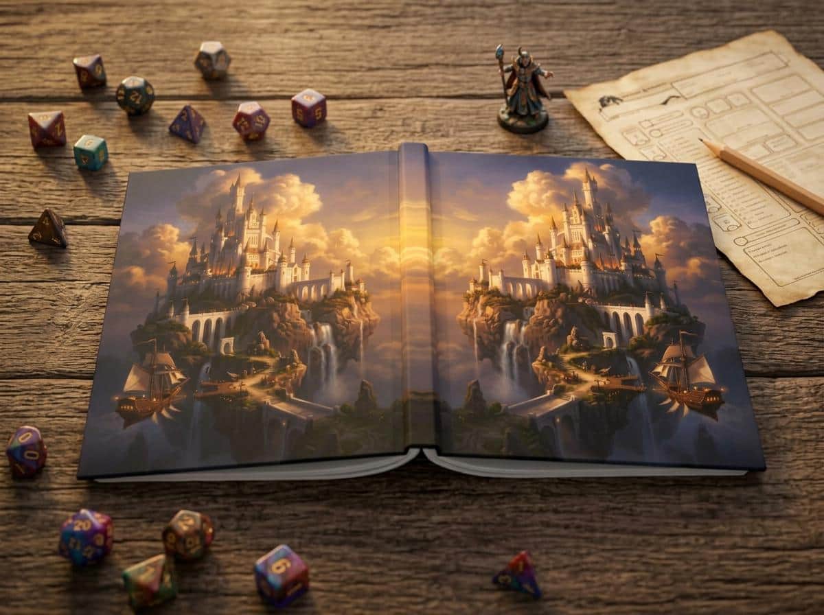 Photo 4 of 11: Hardcover fantasy campaign journal wrapped in an epic floating sky-citadel painting, shown on the game table among dice and character sheets