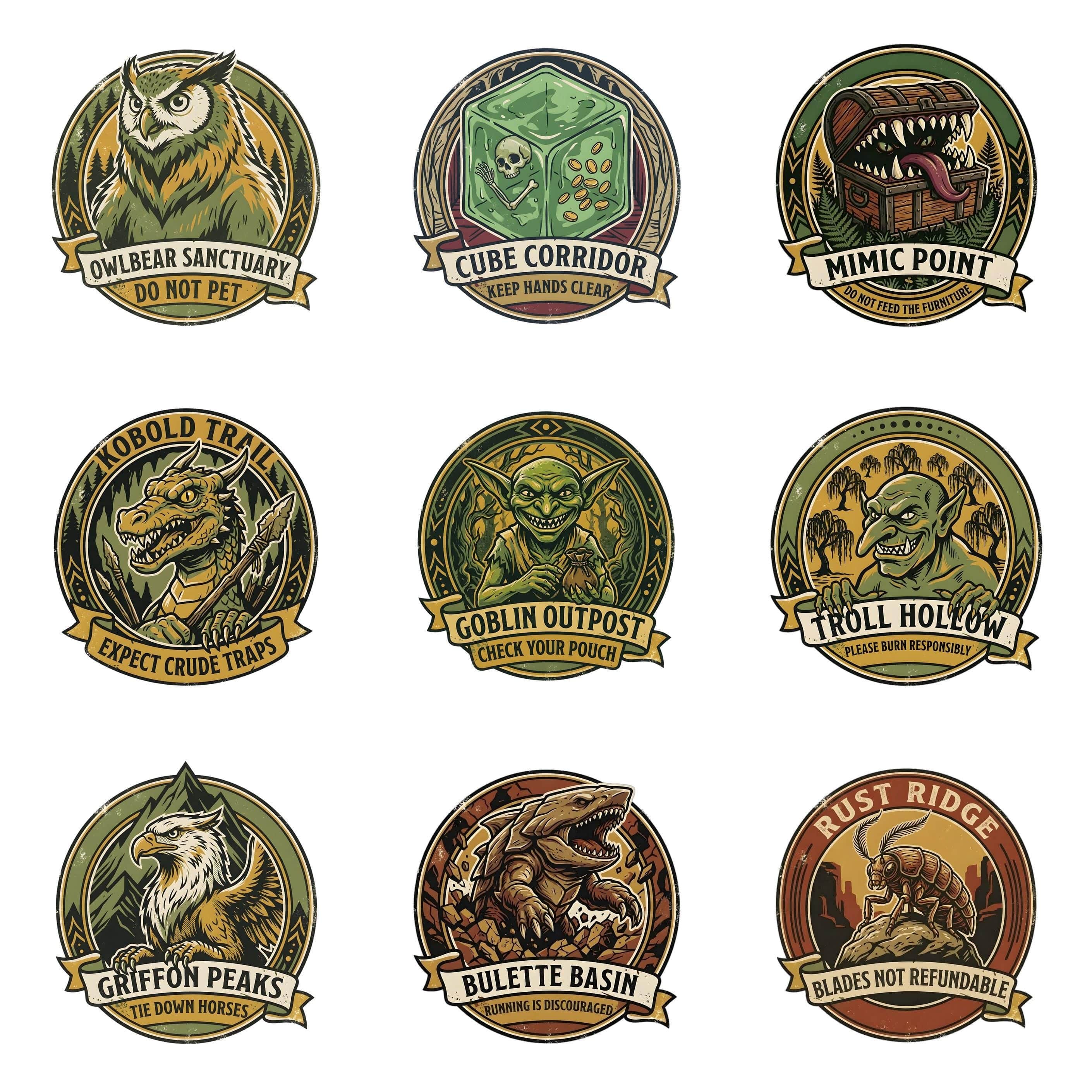 Photo 3 of 15: Tabletop Monster Sanctuary Badges: all 9 designs of the set side by side