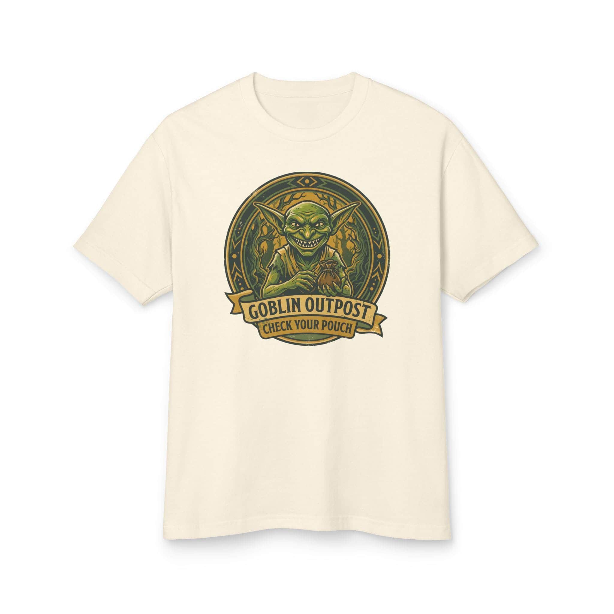 Photo 9 of 14: Deadpan national park style graphic tee warning tabletop adventurers to guard their coin pouches from grinning goblin scavengers, front view