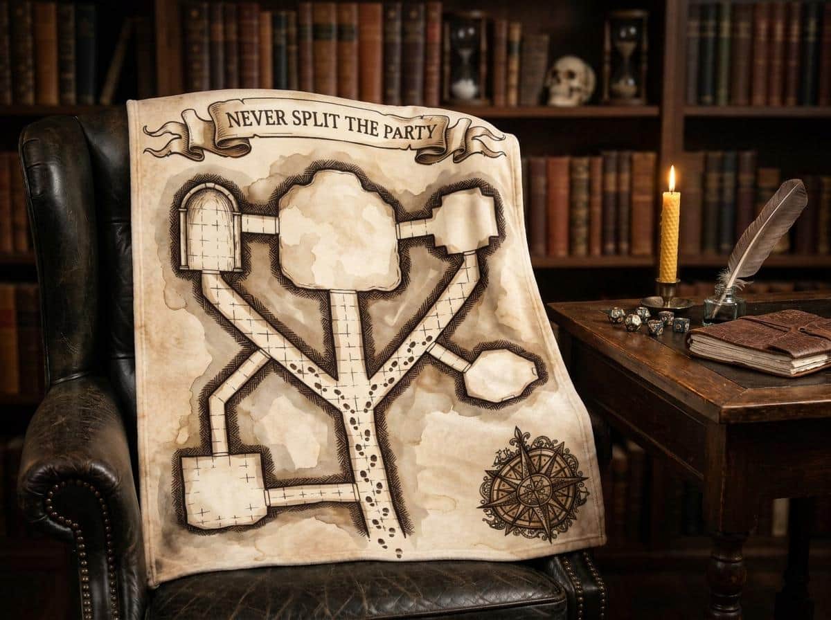 Photo 3 of 4: Turn tabletop disaster into cozy game room comfort with an aged parchment dungeon map throw blanket that immortalizes the cardinal rule of adventuring, shown draped over a study armchair