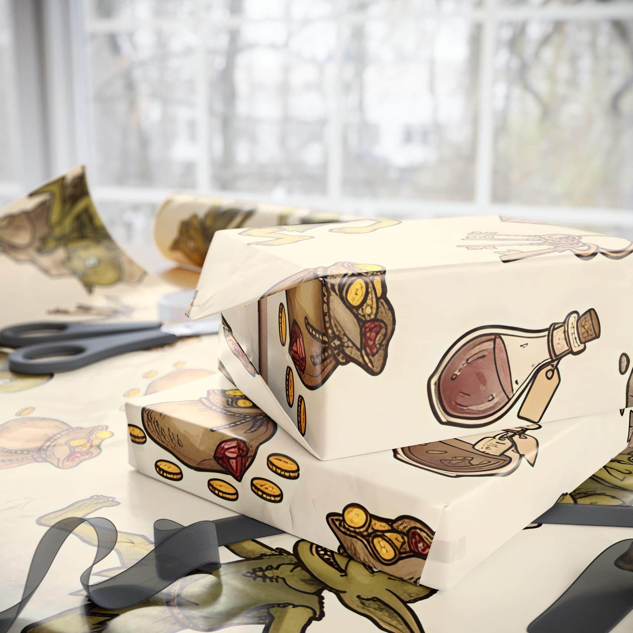 Photo 4 of 9: Delight your tabletop party with a seamless storybook pattern of mischievous loot-stealing goblins making off with polyhedral dice and shiny treasure, printed on wrapping paper, in a room setting