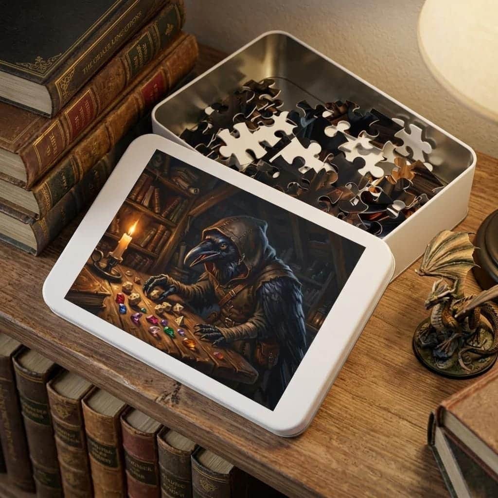 Photo 3 of 10: A richly rendered fantasy jigsaw puzzle showcasing an inquisitive raven-folk rogue sorting through a glittering hoard of polyhedral dice and stolen gems, shown on a shelf