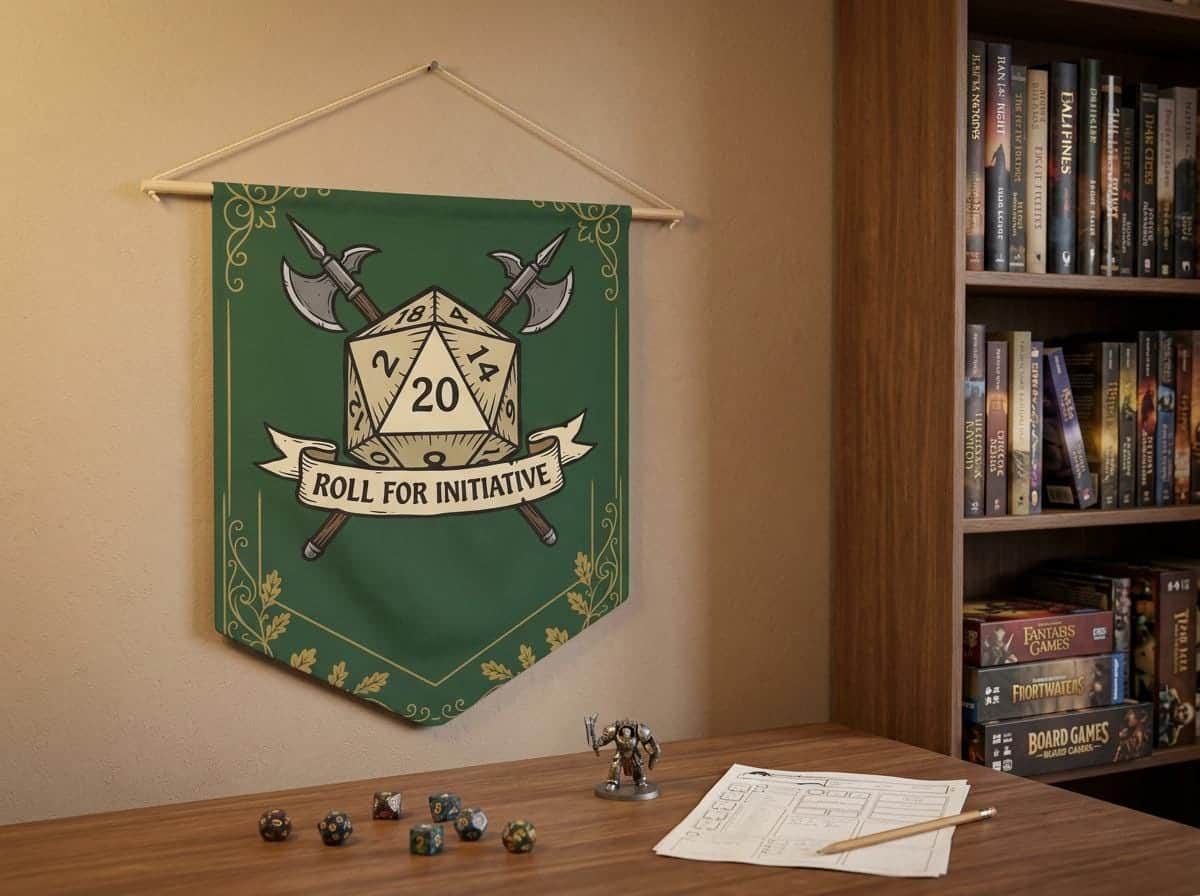 Photo 2 of 10: An authentic tavern-inspired heraldic battle cry banner designed to mark game room territory, solving the search for high-impact Dungeon Master appreciation and game night housewarming gifts, shown on a game room wall