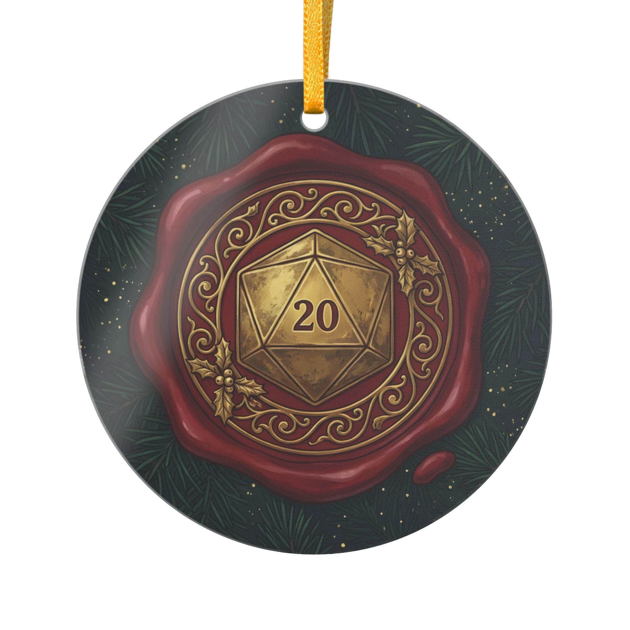 Photo 7 of 8: A round ceramic holiday ornament rendered as an ornate adventurers' guild wax seal with a gilded D20, front view