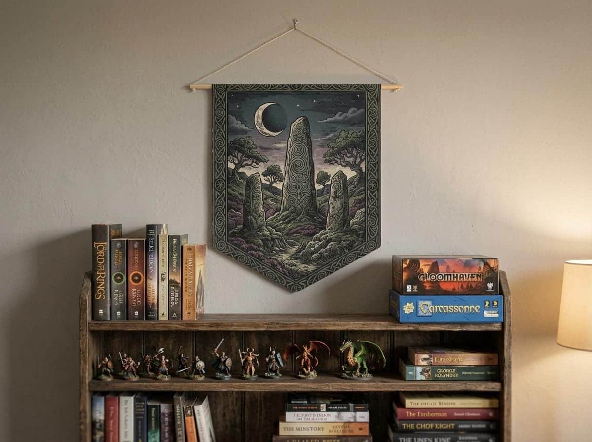 Photo 3 of 6: Vintage woodcut-style felt wall banner featuring an ancient runic monolith henge under a crescent moon, shown on the wall above a bookshelf