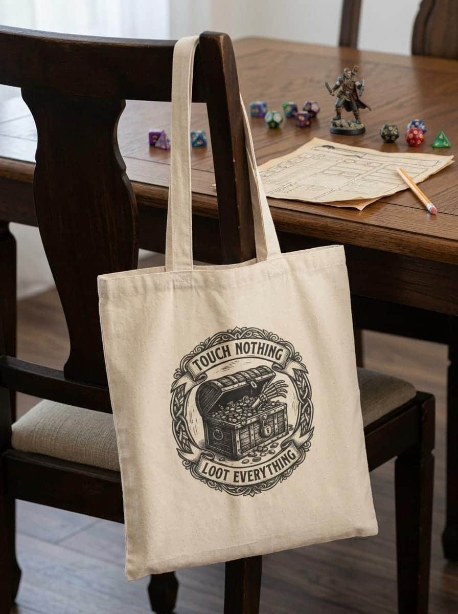 Photo 3 of 7: Sturdy canvas tote bag featuring an ironic greed warning for tabletop adventurers hauling heavy rulebooks, dice trays, and campaign binders to game night, shown draped over a chair