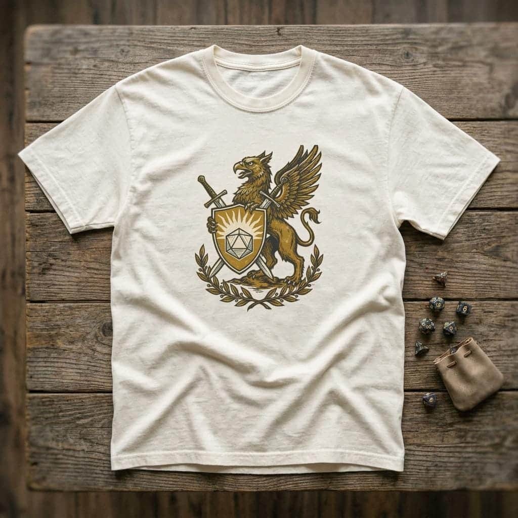 Photo 8 of 8: A bold vintage heraldic tournament crest celebrating the holy warrior archetype, printed on a t-shirt, shown laid flat among dice