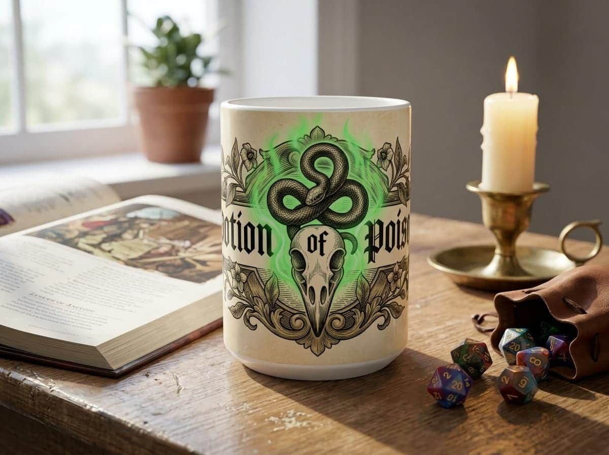 Photo 4 of 8: A vintage fantasy apothecary label wrapping the mug to disguise morning coffee as a lethal tabletop elixir, shown on a desk beside an open rulebook
