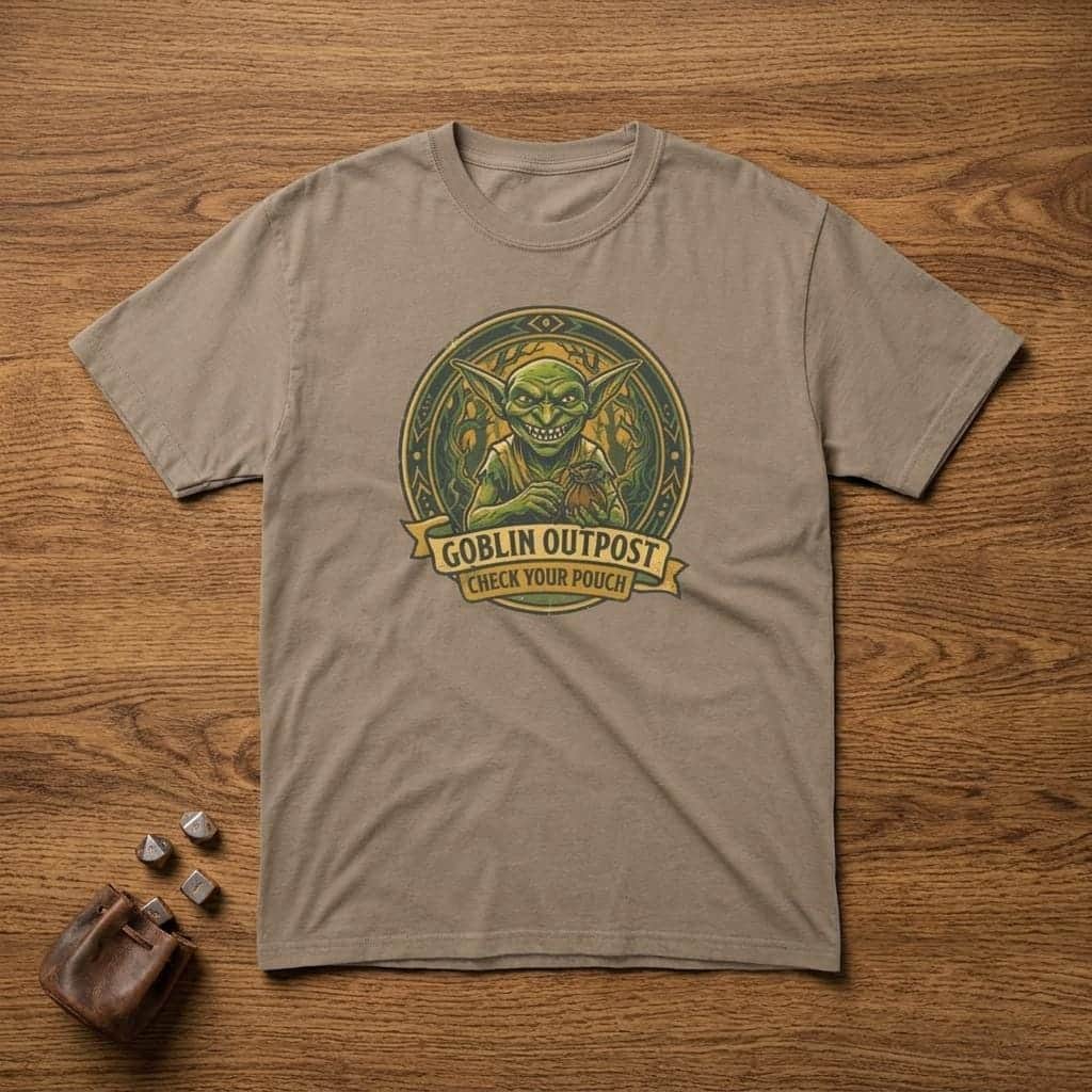 Photo 3 of 14: Deadpan national park style graphic tee warning tabletop adventurers to guard their coin pouches from grinning goblin scavengers, shown laid flat among dice