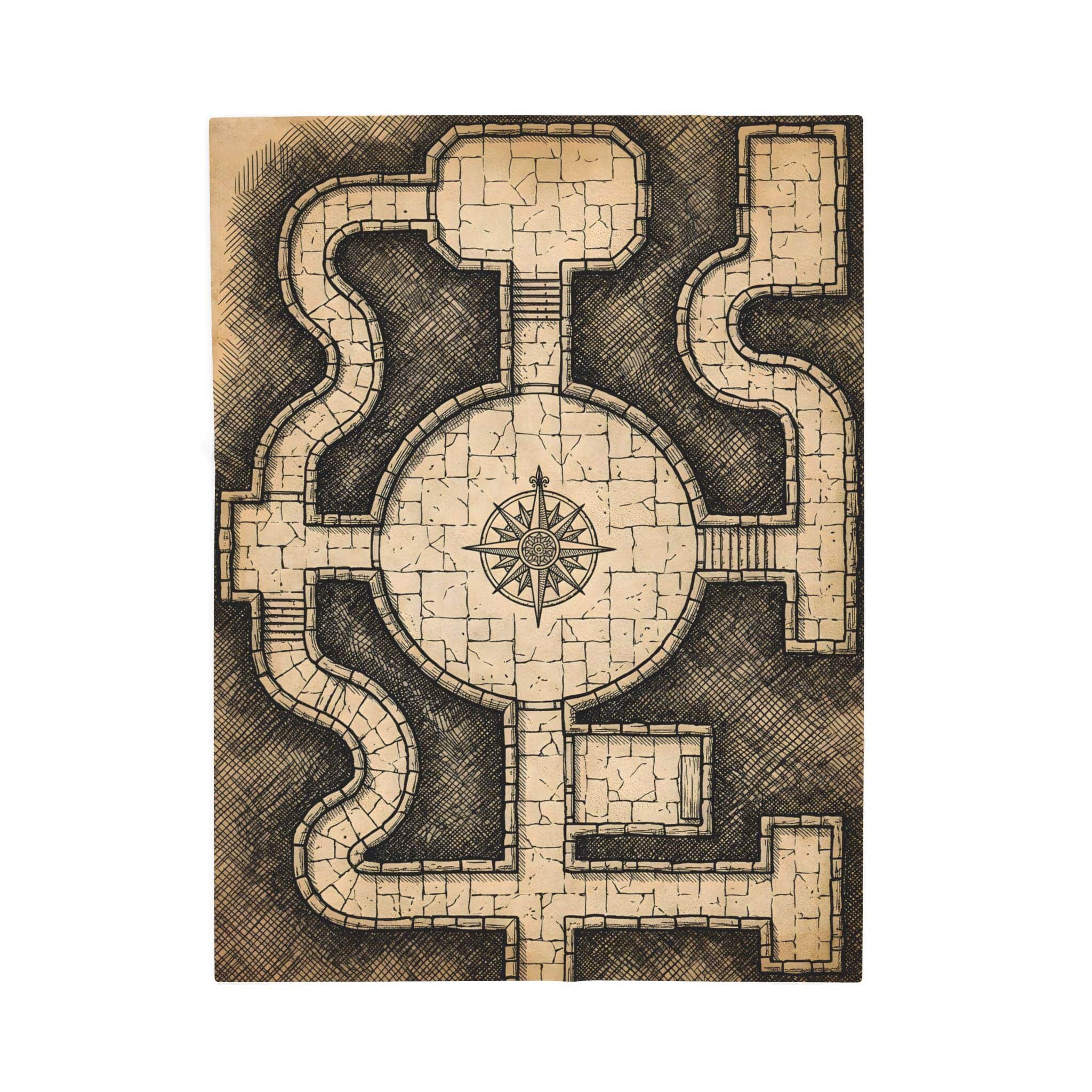 Photo 9 of 9: Ultra-soft fleece throw blanket printed edge-to-edge as a vintage hand-inked dungeon crawl floorplan with secret chambers and trap glyphs, front view