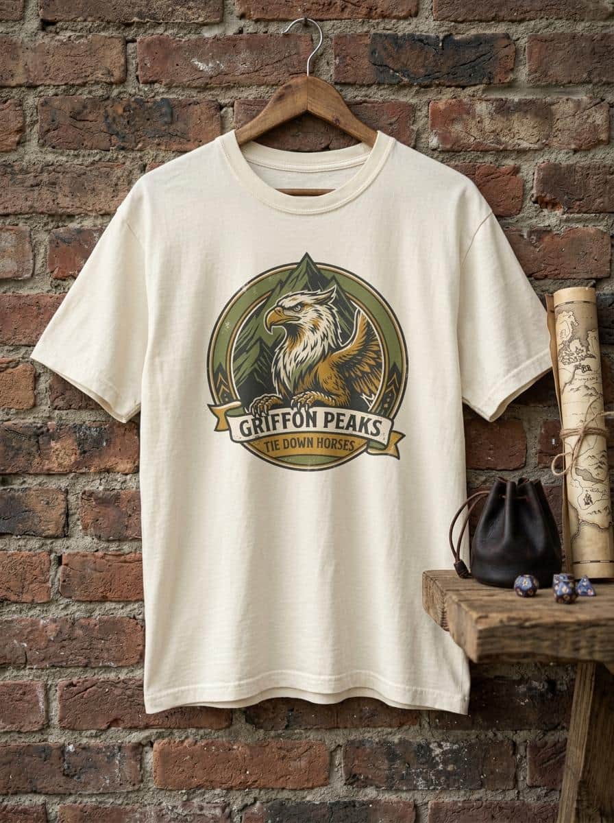 Photo 8 of 15: Vintage national park parody tee featuring a noble mountain griffon alongside a deadpan ranger warning for traveling adventurers to keep their prized mounts secured, shown on a hanger