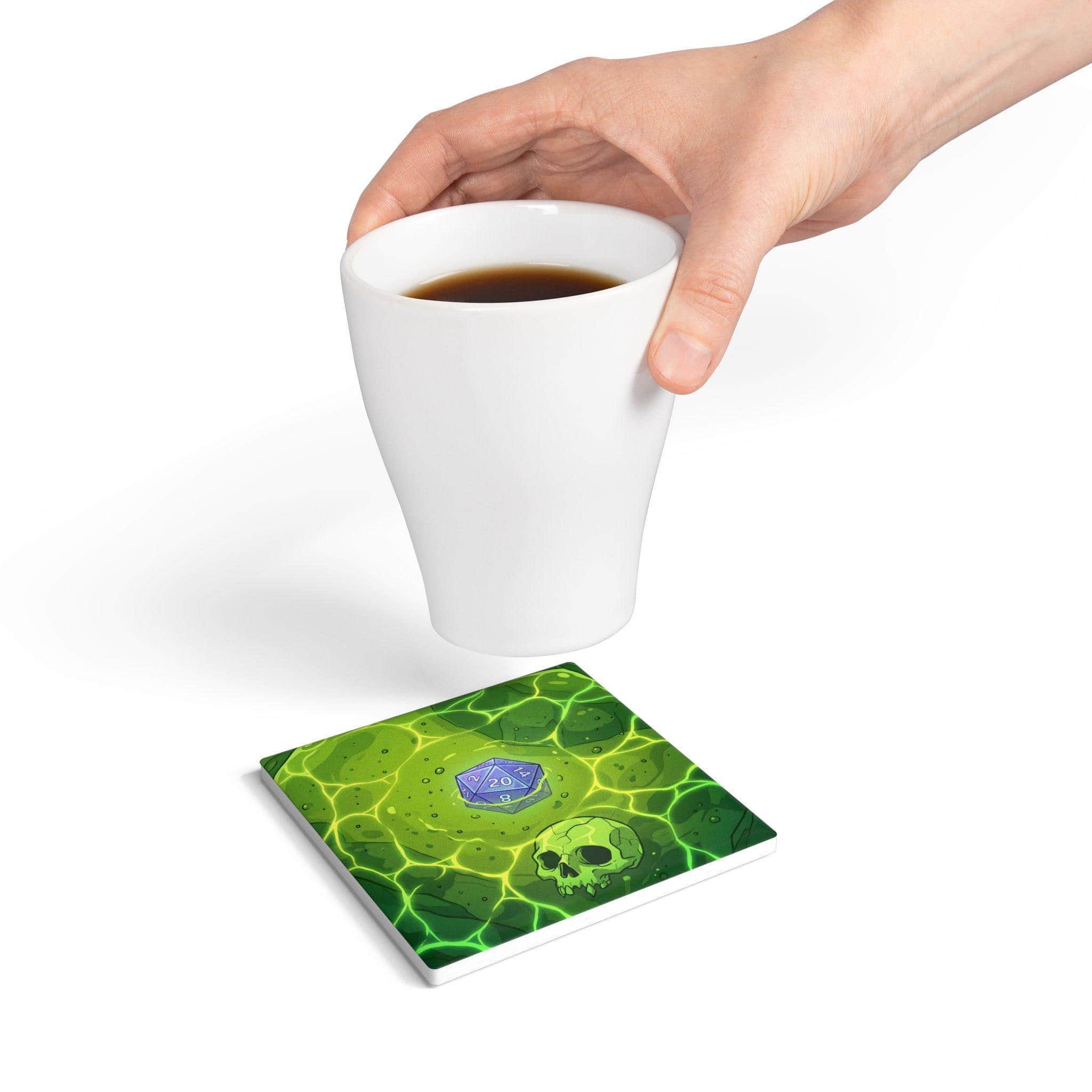Photo 9 of 11: A square high-gloss drink coaster designed to look like a direct top-down view into a translucent acidic gelatinous cube trapping sunken dice and adventurer bones, serving as a witty spill hazard for campaign nights, in a room setting